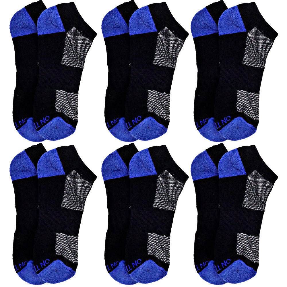 Six pairs of men's low-cut athletic socks in black with royal blue toes and heels, and grey mesh panels for breathability. 'ON THE GO!' text appears near the toe area