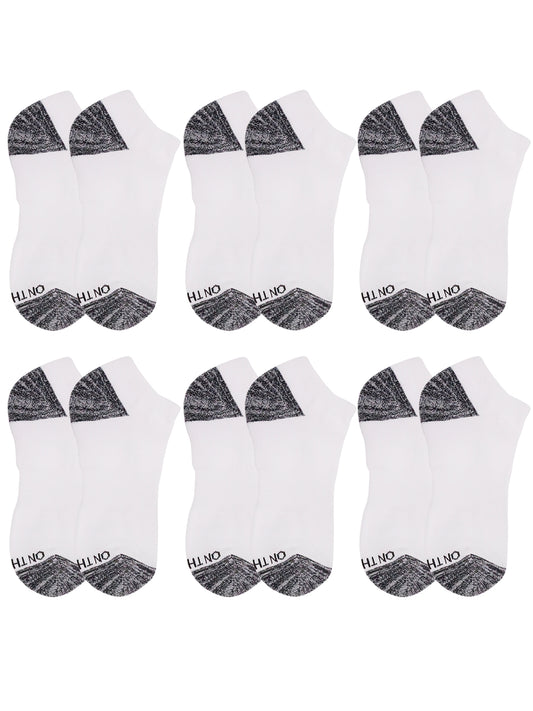 Men’s white low-cut athletic socks with black cushioned heel and toe, 6-pair value pack made from breathable cotton blend for sports, training, or everyday wear