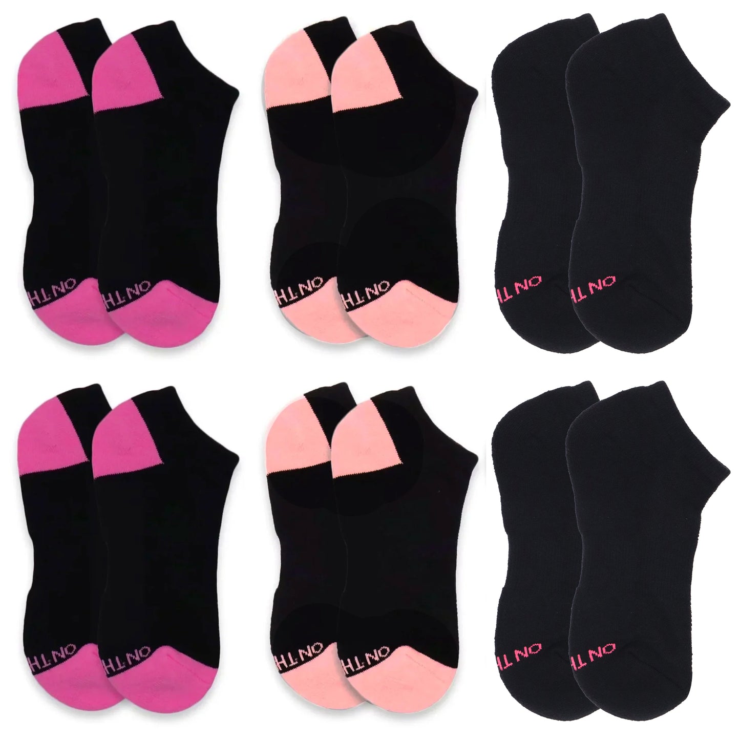 Women's low-cut athletic socks 6-pair pack in black with pink and peach colorblock heels and toes, soft cotton blend with reinforced sole for everyday wear, walking, or workouts