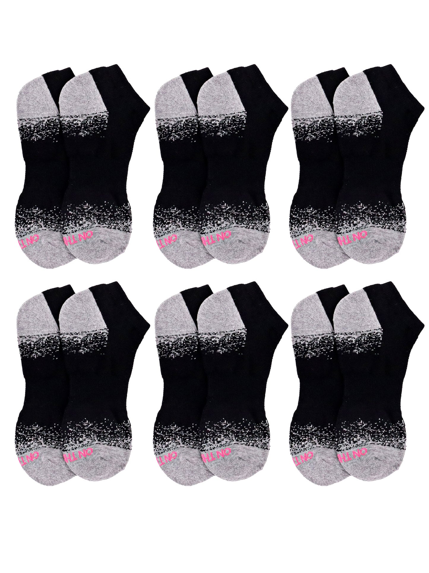 Men’s Black low-cut athletic socks with grey cushioned heel and toe, 6-pair value pack made from breathable cotton blend for sports, training, or everyday wear