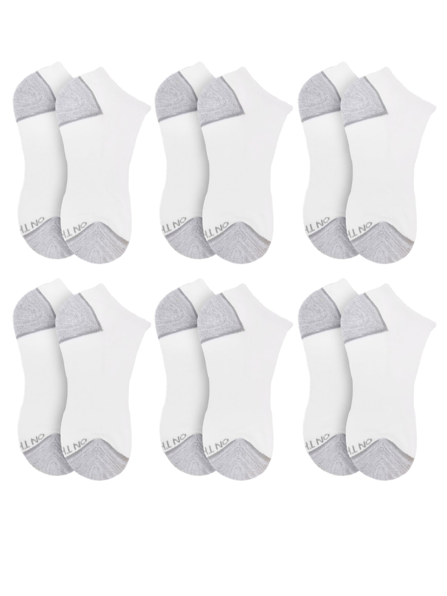 Men’s white low-cut athletic socks with grey cushioned heel and toe, 6-pair value pack made from breathable cotton blend for sports, training, or everyday wear