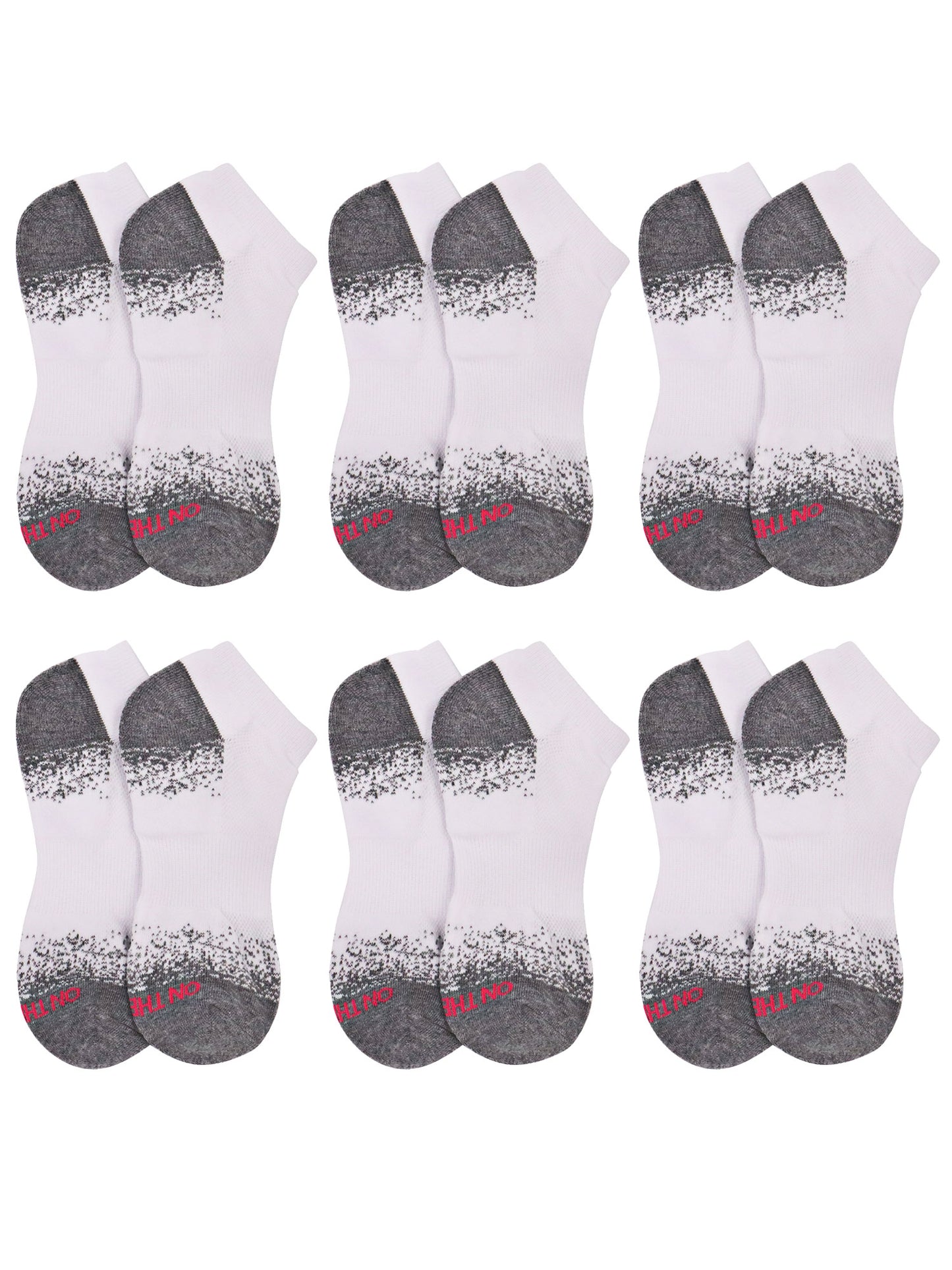 Men’s white low-cut athletic socks with Heather grey cushioned heel and toe, 6-pair value pack made from breathable cotton blend for sports, training, or everyday wear