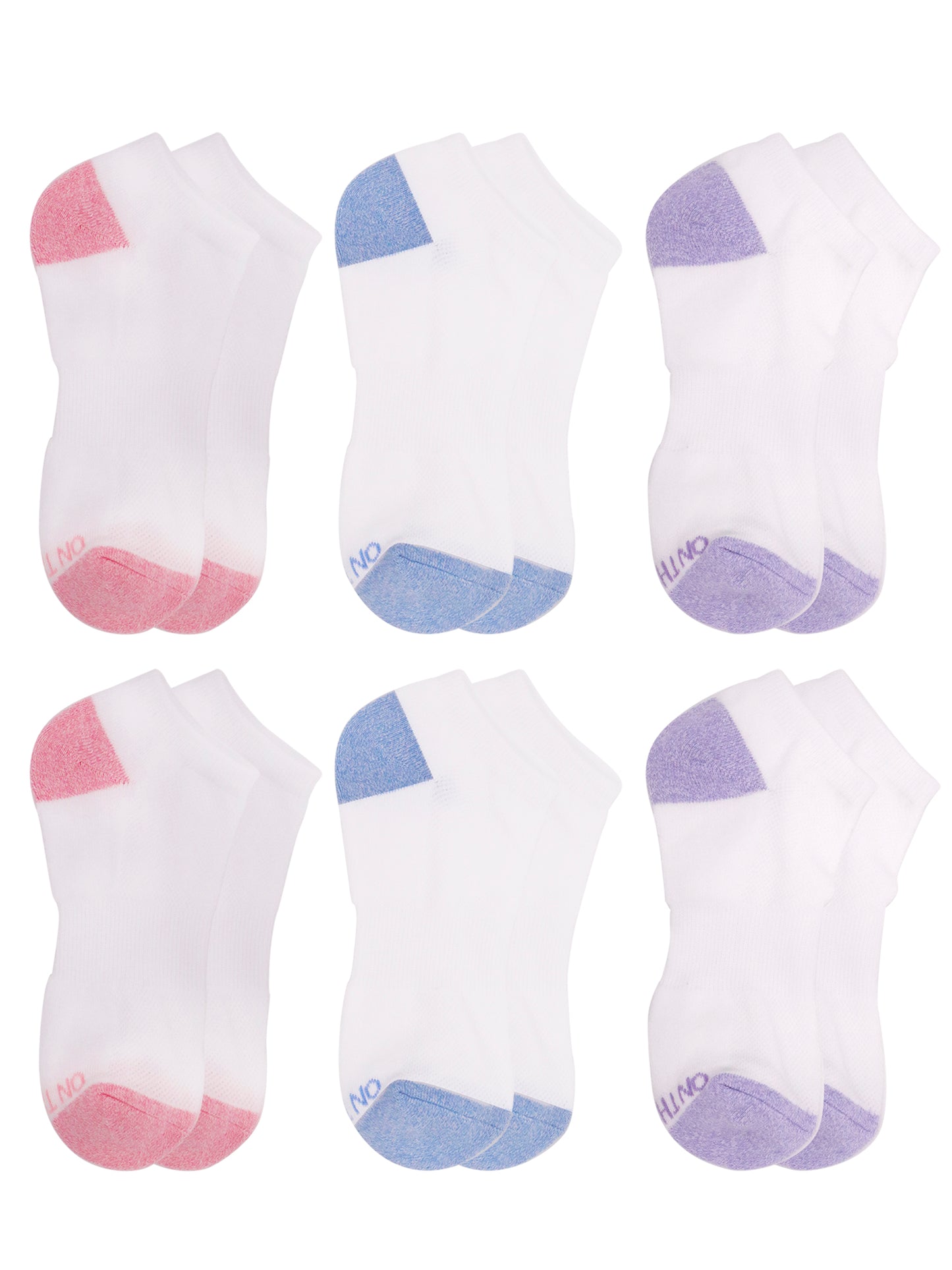 Girls’ low-cut athletic socks 6-pair pack in white with colorful heel and toe accents in pink, blue, and purple, soft cotton blend for school, play, or everyday wear