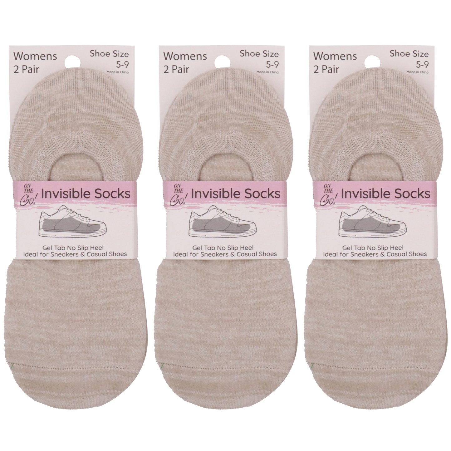 Women's beige no-show liner socks 3-pack with 'ON THE GO!' branding — low-cut, invisible fit ideal for flats, sneakers, and loafers; breathable cotton-blend perfect for everyday comfort and discreet wear.