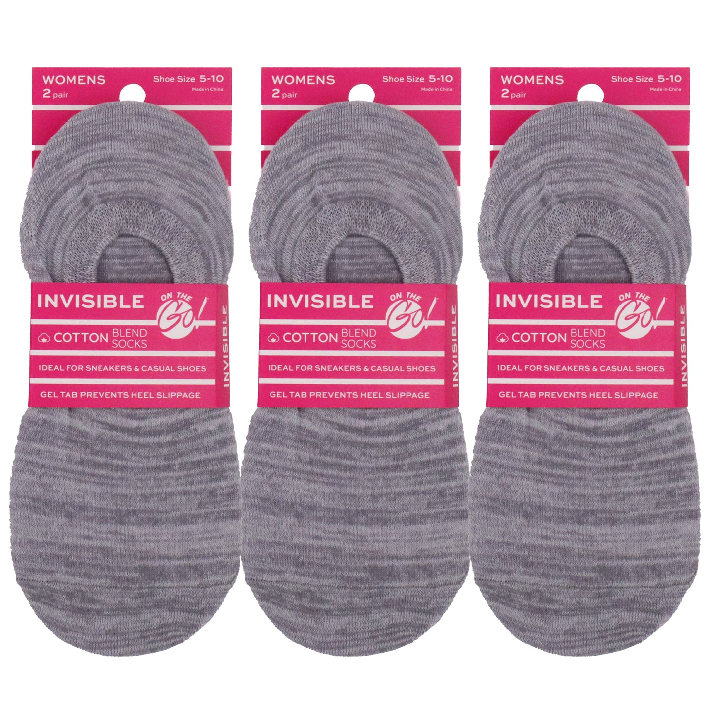 Women's invisible no-show socks in grey space-dye pattern — 2-pair cotton blend liner socks with gel tab heel grip, ideal for sneakers, casual shoes, and all-day comfort.