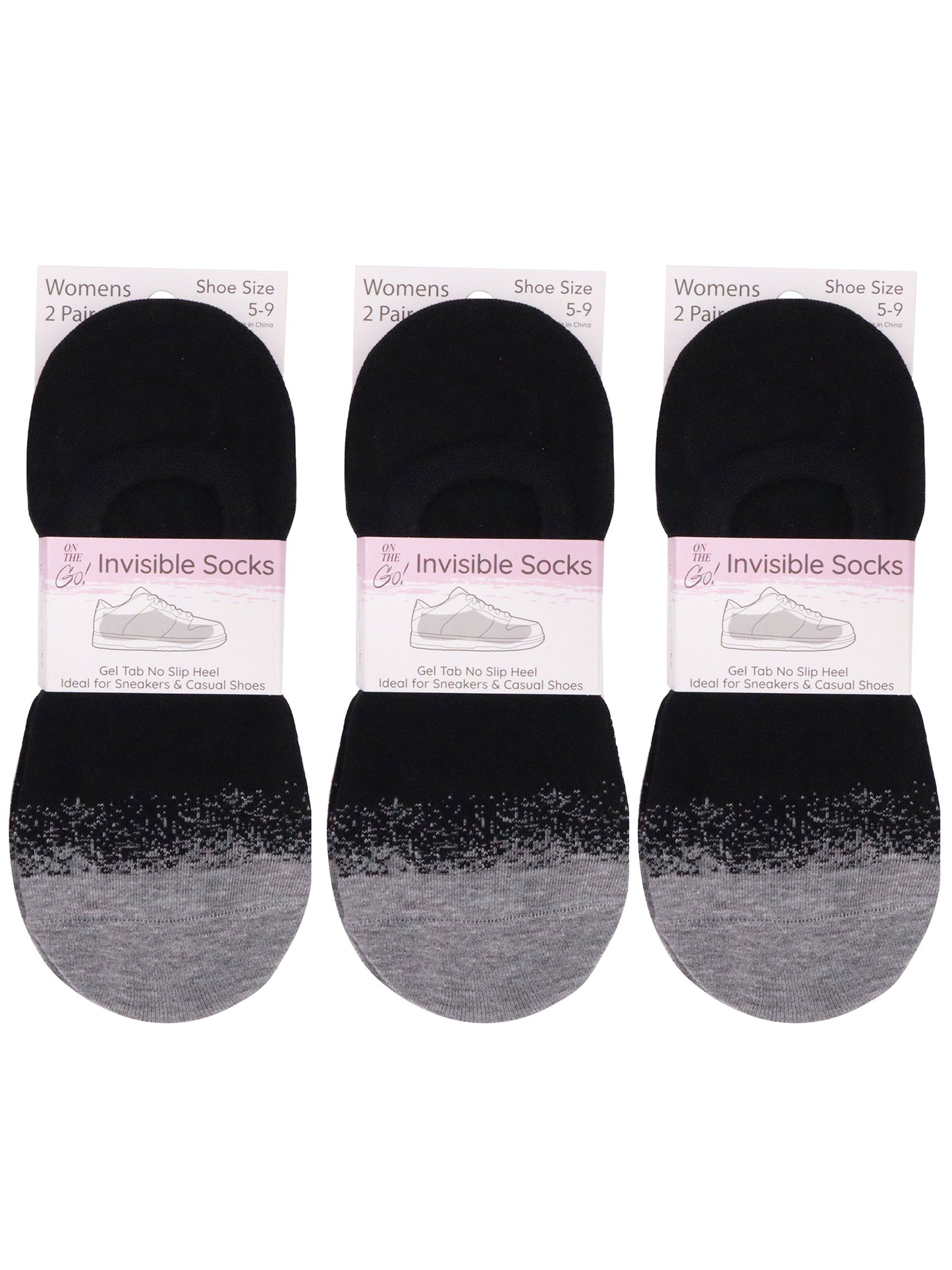 Pack of 3 pairs of women’s black no-show liner socks with grey speckled tops and bold 'ON THE GO!' text in pink — invisible low-cut cotton blend socks designed for athletic shoes, flats, or casual sneakers; features a secure non-slip heel and breathable comfort for all-day wear