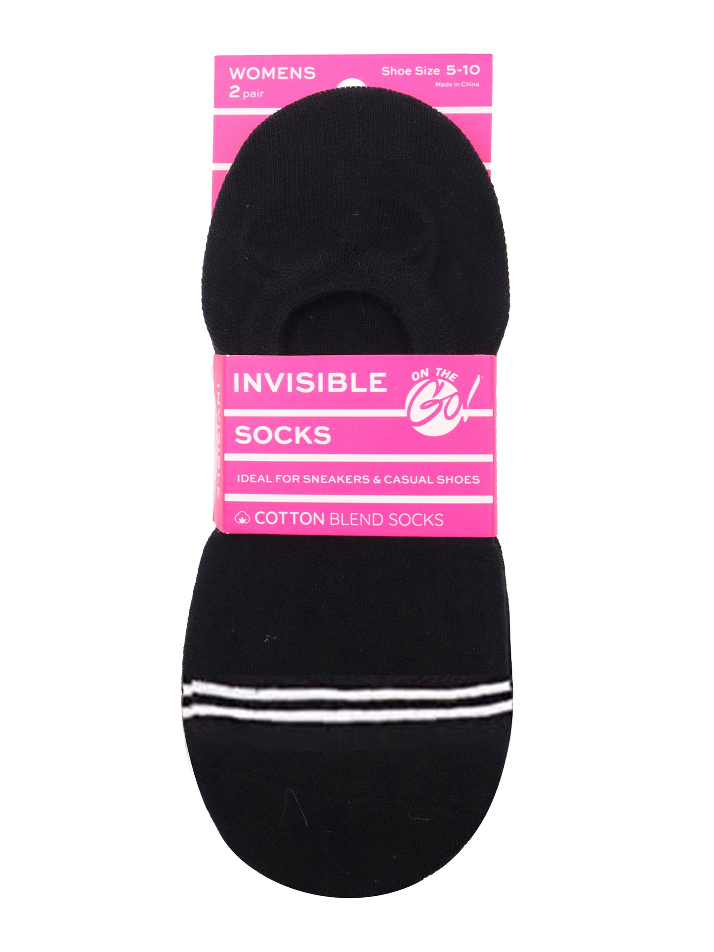 Pack of 2 pairs of black no-show liner socks with white athletic stripes and 'ON THE GO!' logo — breathable, cotton-blend, low-cut socks designed for women, ideal for sneakers and casual shoes, with non-slip heel grip for secure, invisible wear.