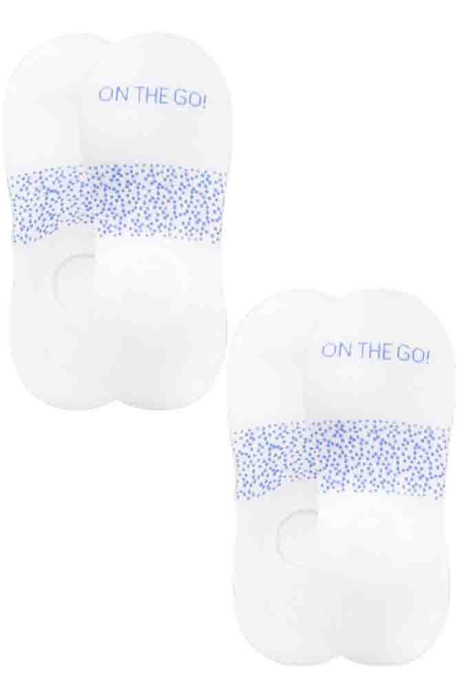 2-pack of white no-show liner socks with blue speckled arch design and 'ON THE GO!' branding — ultra-low cut women's socks made with breathable cotton blend for all-day comfort, perfect for athletic shoes and casual wear, featuring a non-slip heel grip for invisible support.