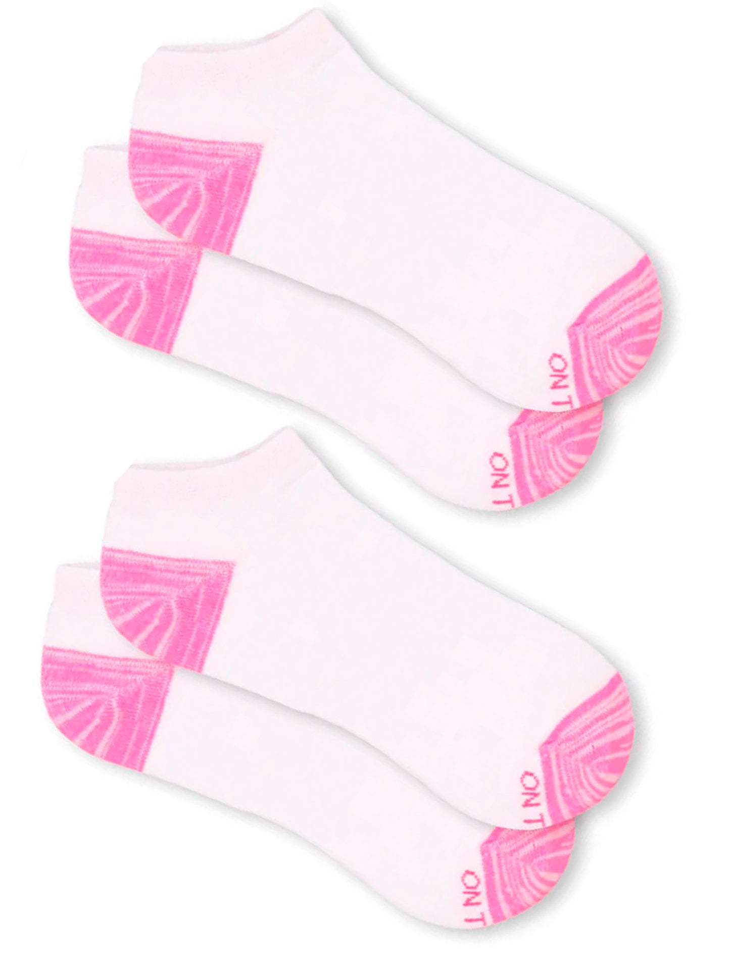 Women's low-cut athletic socks in white with vibrant pink cushioned heels and toes, featuring 'On The Go!' branding—designed for running, walking, and active daily wear, made from a breathable cotton blend for comfort and performance.