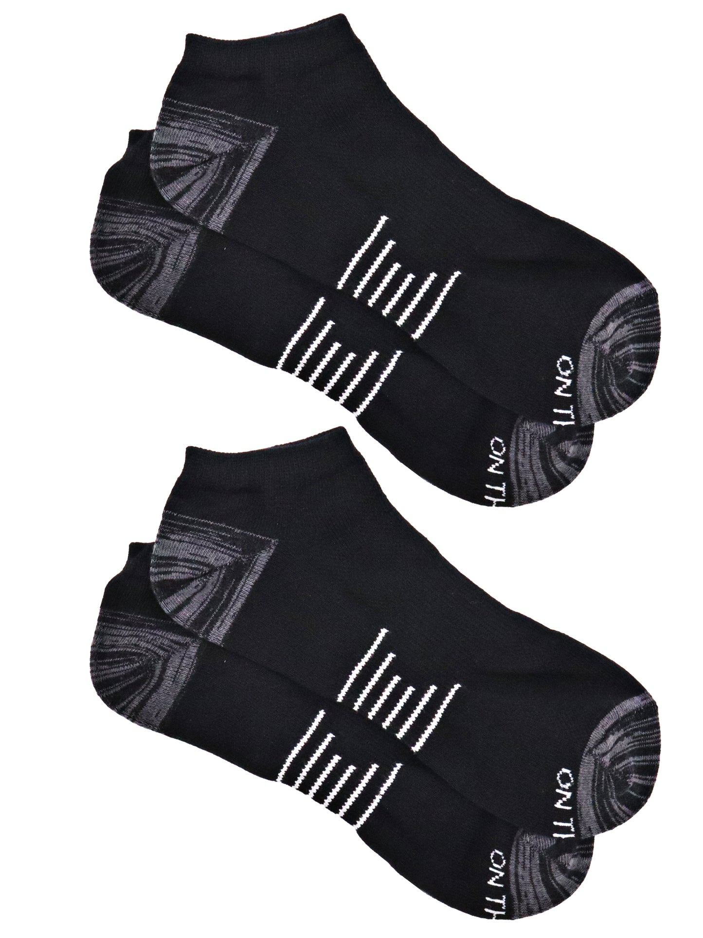 two pairs of men's black athletic ankle socks with grey heels and toes, featuring white horizontal stripes across the midfoot and 'ON THE GO!' text near the toes.