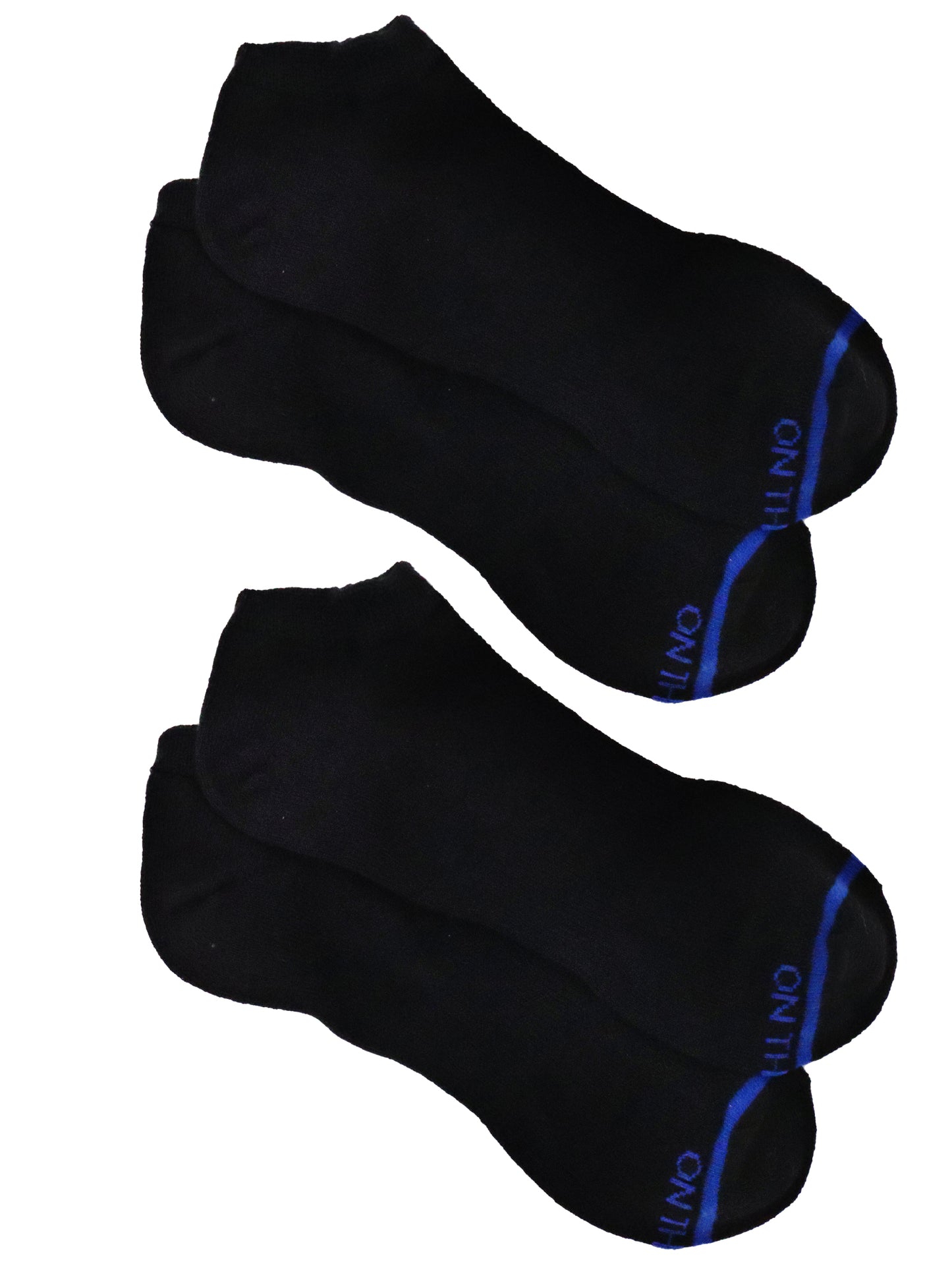 Two pairs of black low-cut performance socks with a thin blue stripe near the toe and 'ON THE GO!' text in blue, neatly laid out on a white background.