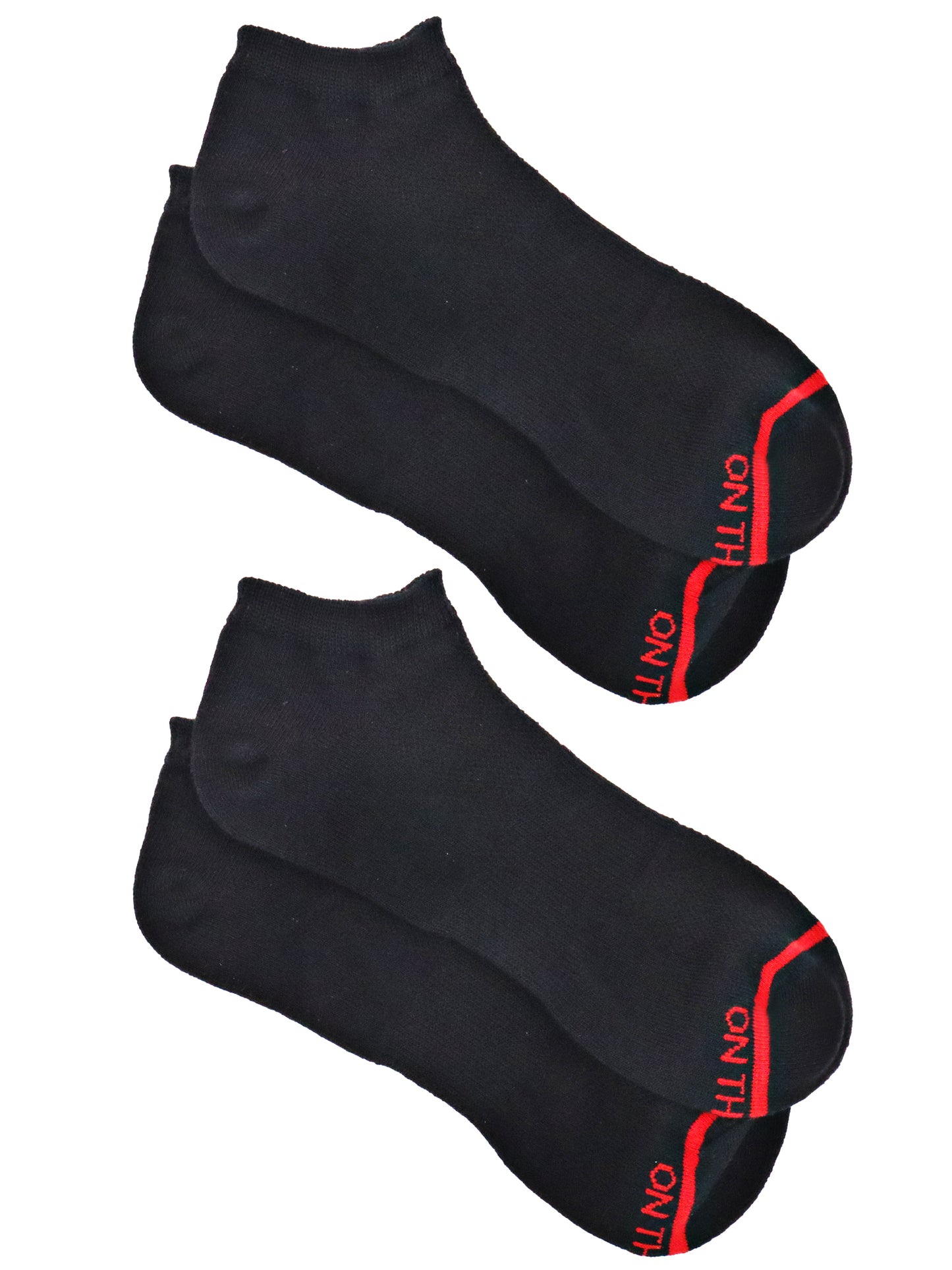 Two pairs of black low-cut ankle socks with red detailing and 'ON THE GO!' text near the toe area, laid flat against a white background.
