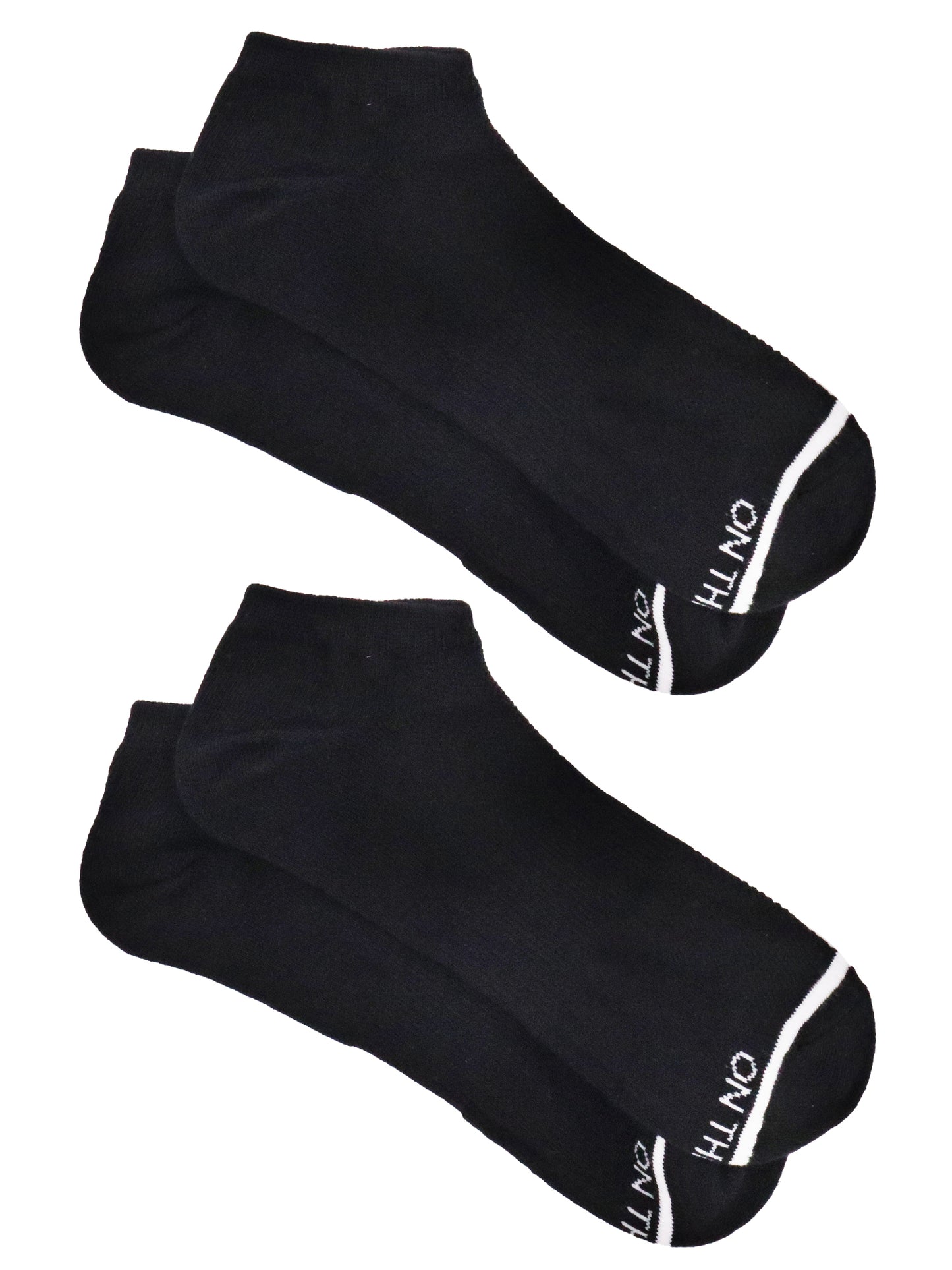 Two pairs of black low-cut athletic socks with a thin White Stripe near the toe and 'ON THE GO!' text in White, neatly laid out on a white background