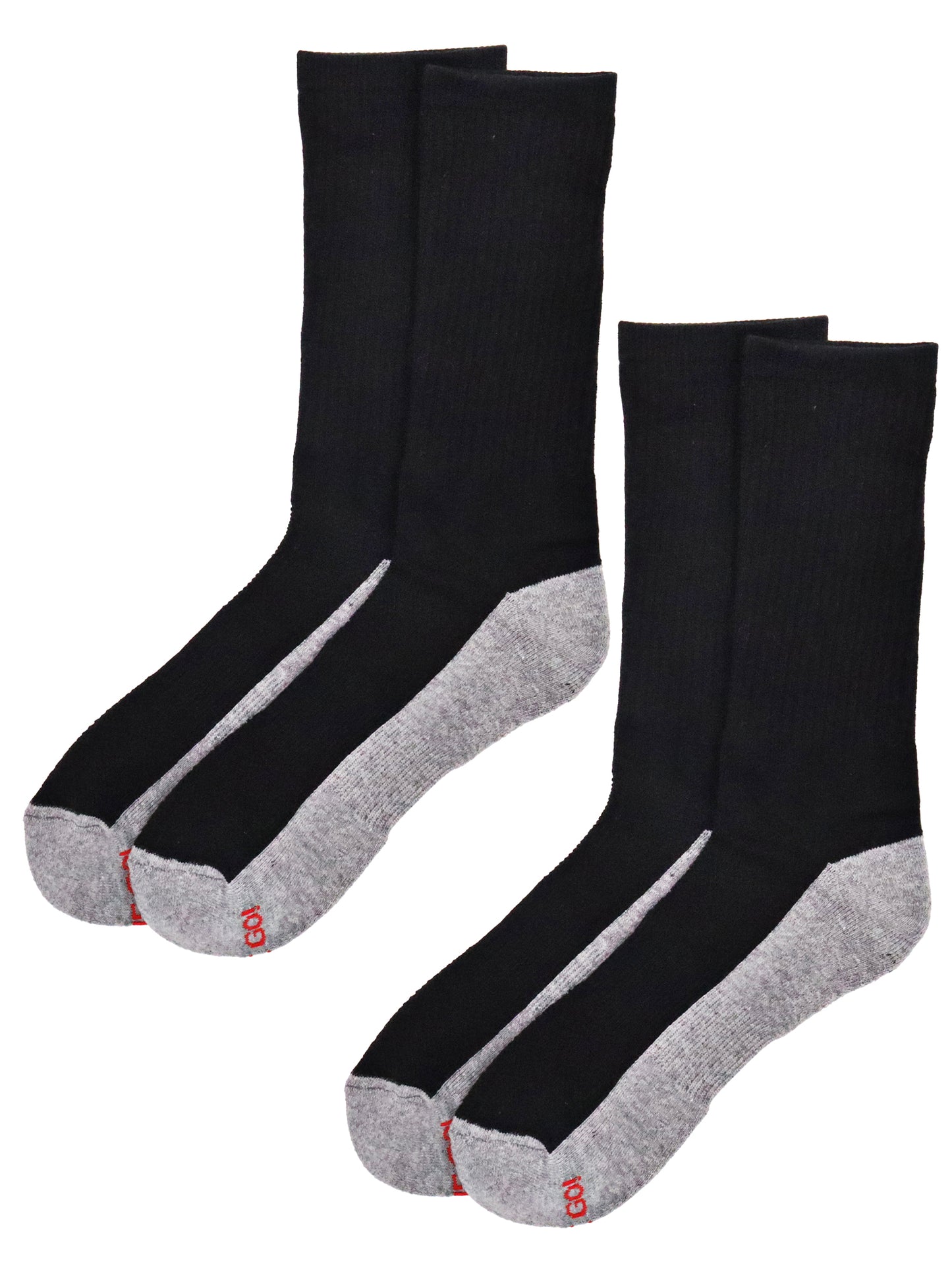 Men’s Black crew athletic socks with grey cushioned soles and red branding, moisture-wicking cotton blend for sports, workouts, and everyday wear — 2-pair pack