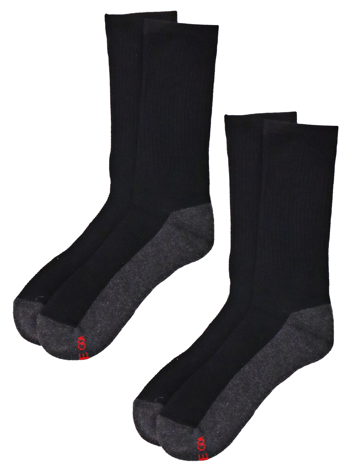 Men’s Black crew athletic socks with grey cushioned soles and red branding, moisture-wicking cotton blend for sports, workouts, and everyday wear — 2-pair pack