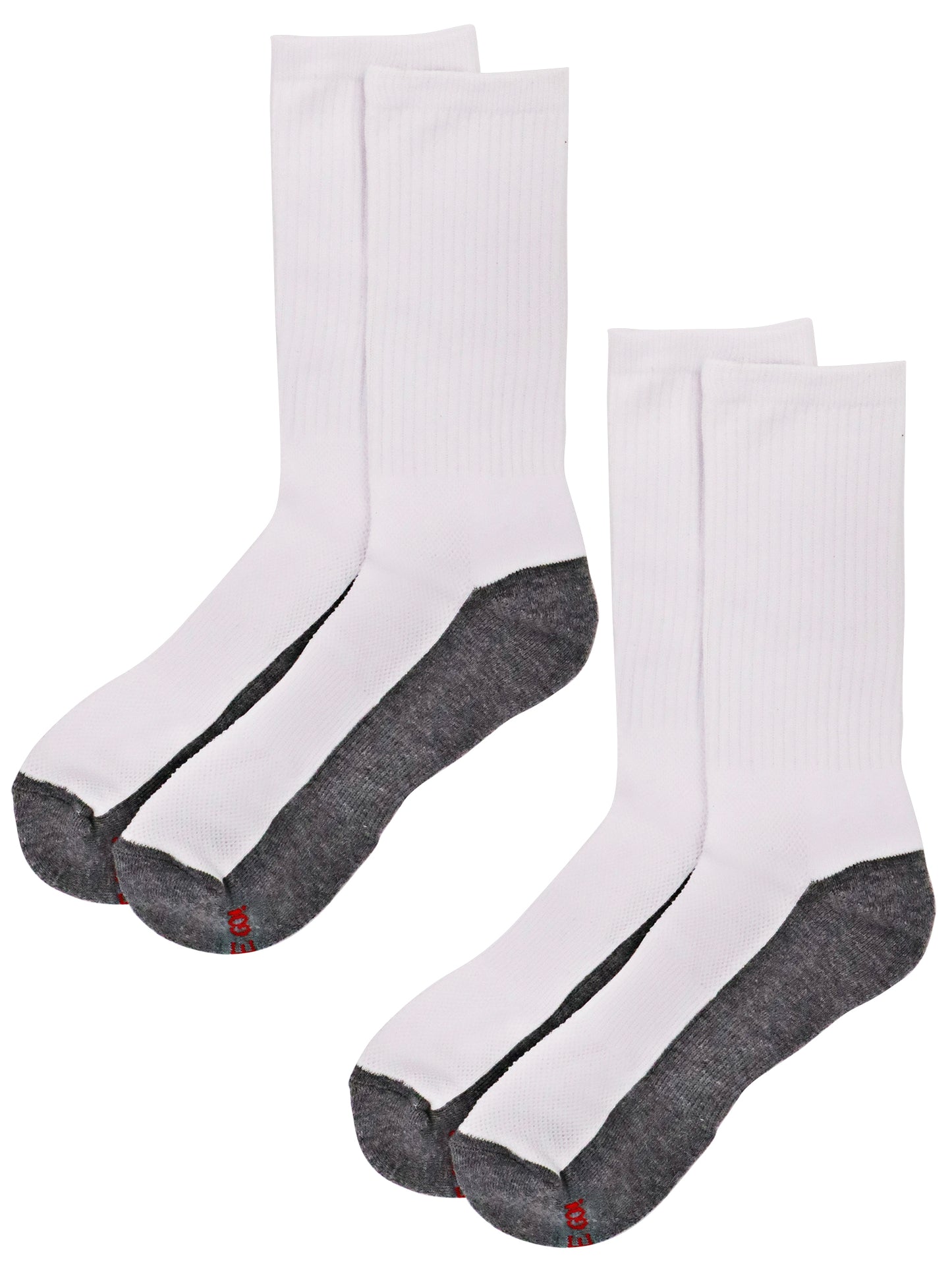 Men’s white crew athletic socks with grey cushioned soles and red branding, moisture-wicking cotton blend for sports, workouts, and everyday wear — 2-pair pack