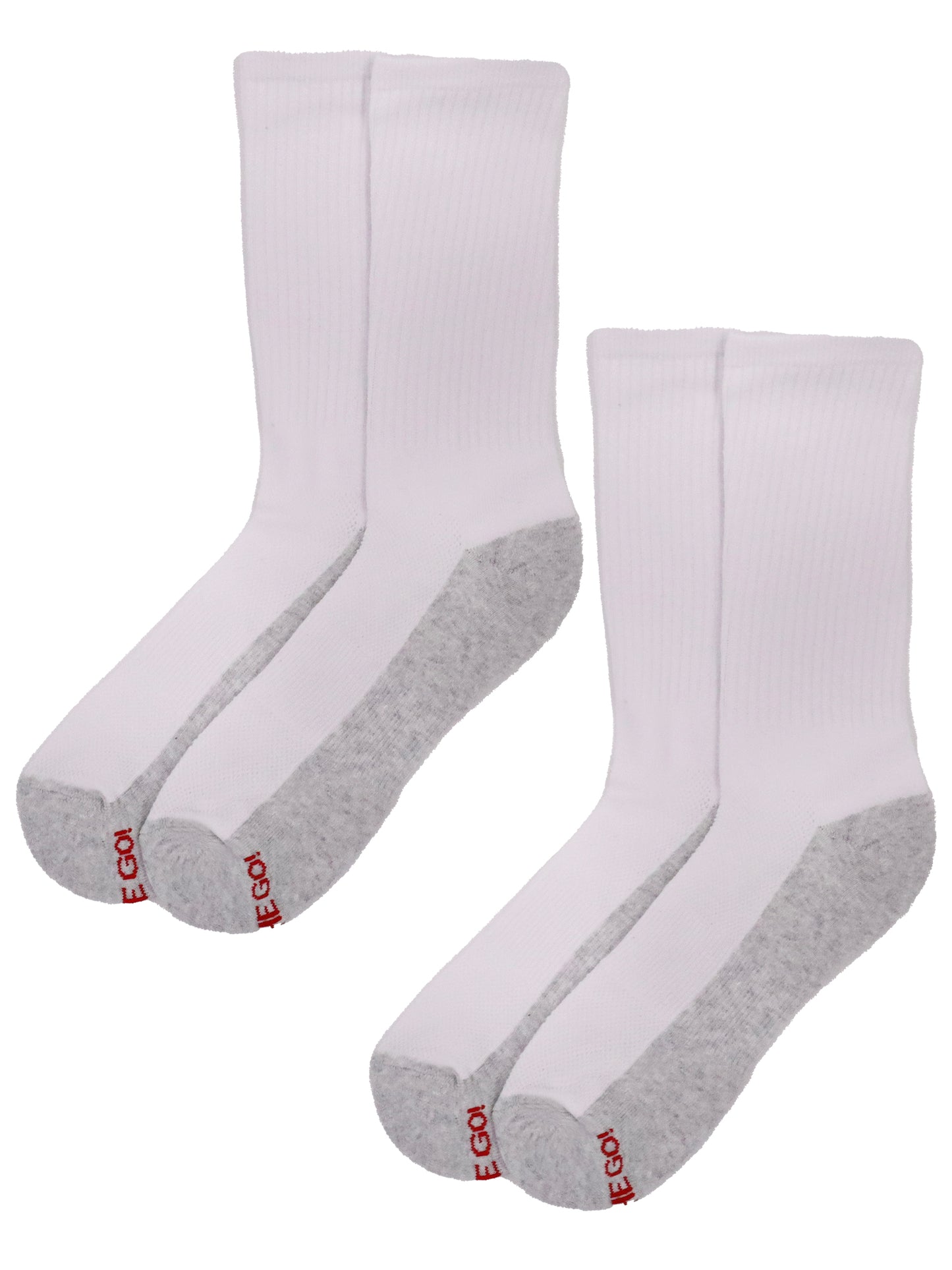 Men’s white crew athletic socks with grey cushioned soles and red branding, moisture-wicking cotton blend for sports, workouts, and everyday wear — 2-pair pack