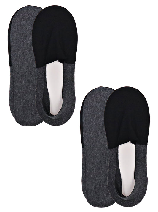 Two pairs of men's low-cut no-show liner socks in black and heather grey, soft cotton blend with heel grip for invisible wear under flats or loafers