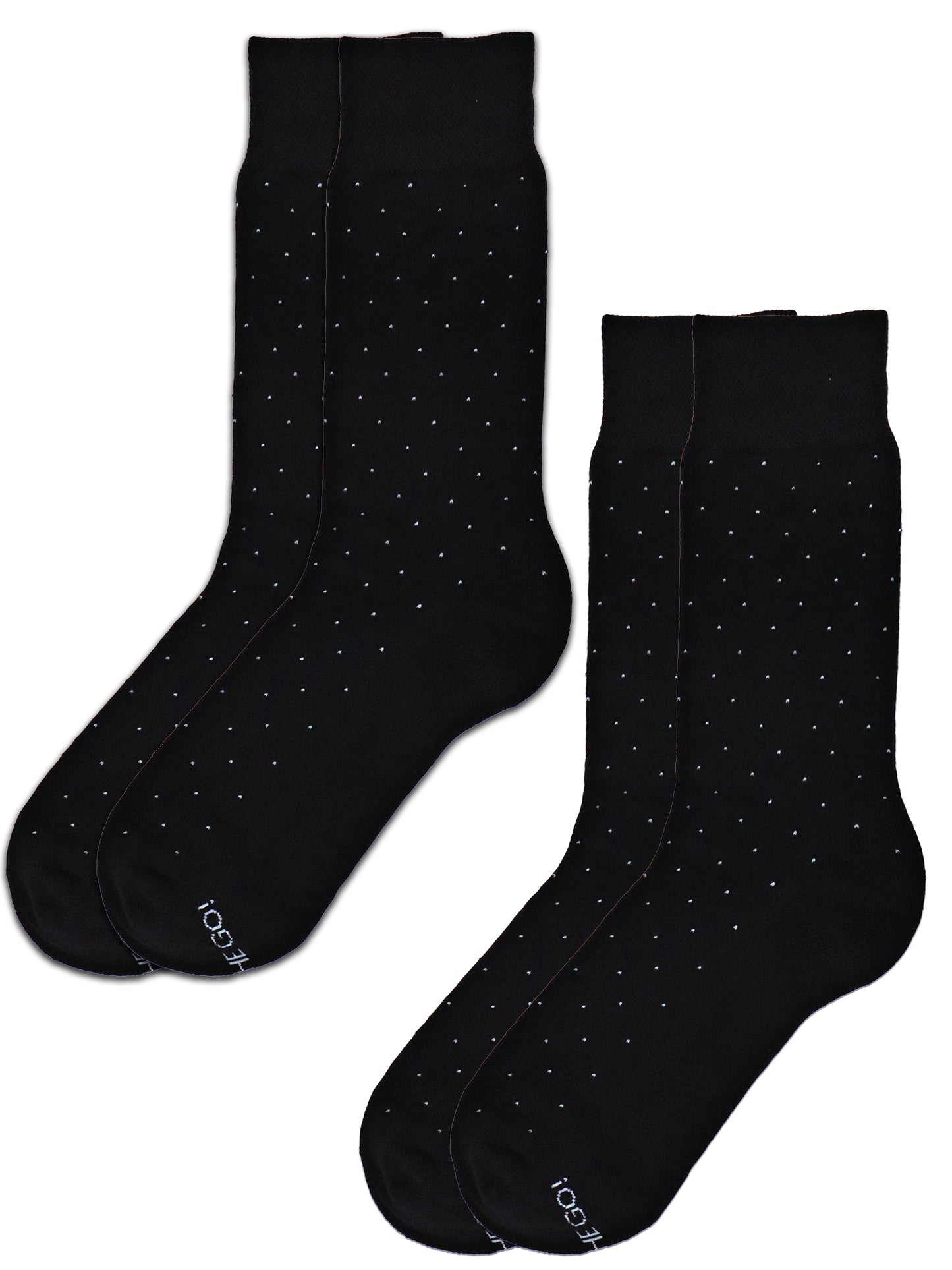 Men’s black dress socks with small white polka dot pattern, crew length cotton blend in 2-pair pack, ideal for business attire, formal events, or daily office wear