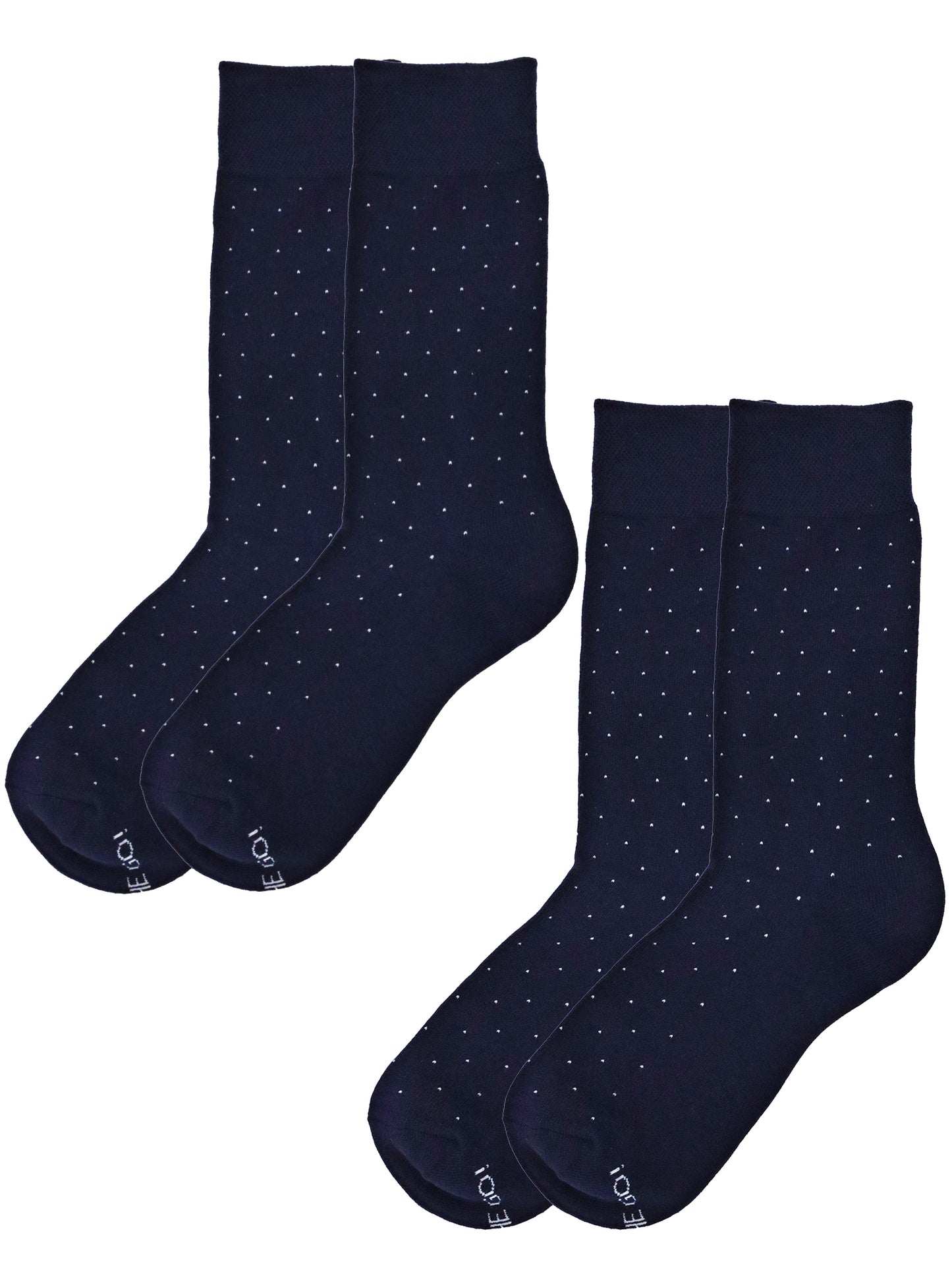 Men’s Navy Blue dress socks with small white polka dot pattern, crew length cotton blend in 2-pair pack, ideal for business attire, formal events, or daily office wear