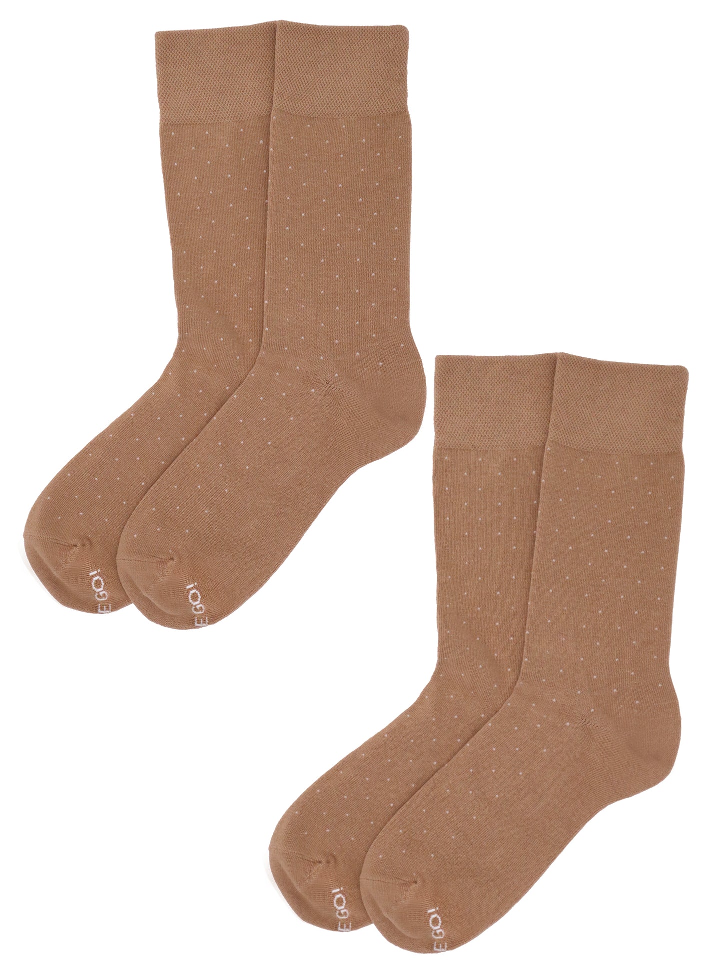Men’s tan dress socks with subtle white polka dot pattern, cotton blend crew style in 2-pair pack for business or formal wear