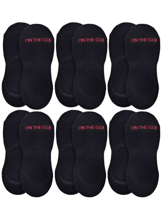 Pack of women’s no-show athletic liner socks in black with 'ON THE GO!' branding, low-cut design for invisible wear in sneakers, breathable cotton blend, non-slip heel grip, ideal for active lifestyles and everyday shoes