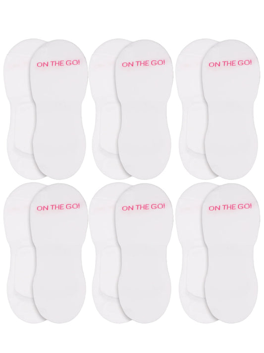 Pack of women’s no-show athletic liner socks in white with 'ON THE GO!' branding, low-cut design for invisible wear in sneakers, breathable cotton blend, non-slip heel grip, ideal for active lifestyles and everyday shoes