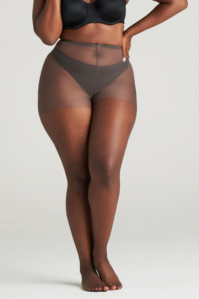 Plus size Women's ultra-sheer pantyhose with reinforced toe, coffee color, ideal for formal wear and all-day comfort