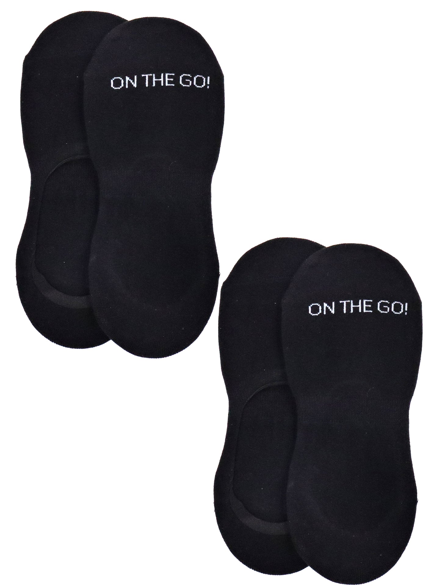 Women's black no-show athletic liner socks with 'ON THE GO!' text in white across the toe area, shown in a 2-pack set. Designed with a low cut profile perfect for athletic shoes and sneakers. Lightweight, breathable cotton-blend fabric with a sleek invisible fit, ideal for everyday wear and workouts.