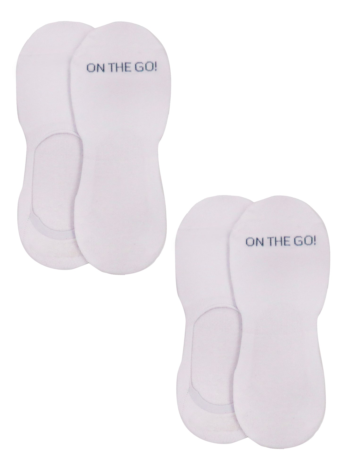 Women's white no-show athletic liner socks with 'ON THE GO!' text in white across the toe area, shown in a 2-pack set. Designed with a low cut profile perfect for athletic shoes and sneakers. Lightweight, breathable cotton-blend fabric with a sleek invisible fit, ideal for everyday wear and workouts.