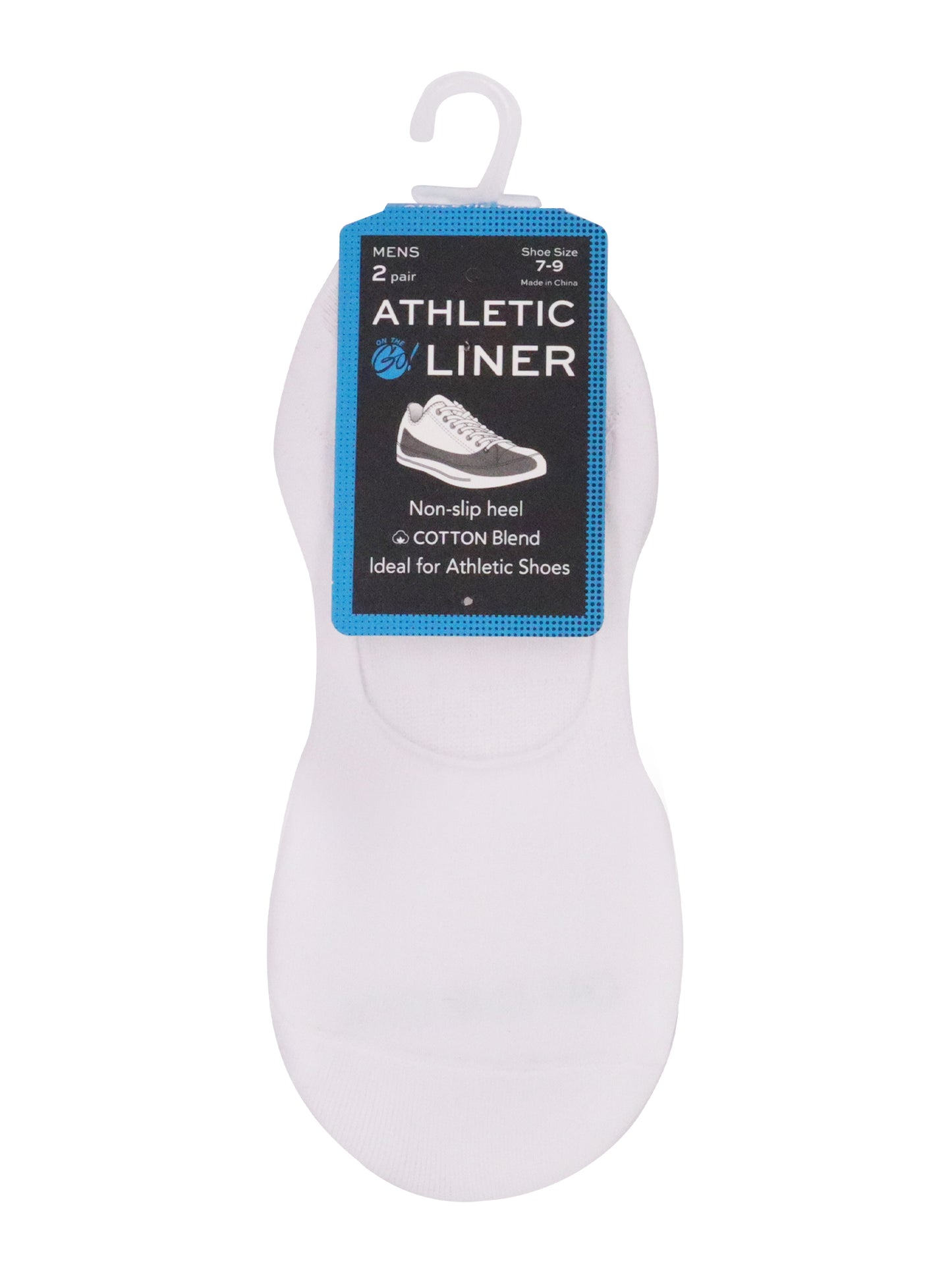 Men's white athletic liner socks, 2-pair pack, cotton blend with non-slip heel grip, designed for shoe sizes 7–9. Packaged with a blue and black label reading 'Athletic Liner – Ideal for Athletic Shoes'. Perfect no-show socks for running, gym, and casual sneakers.
