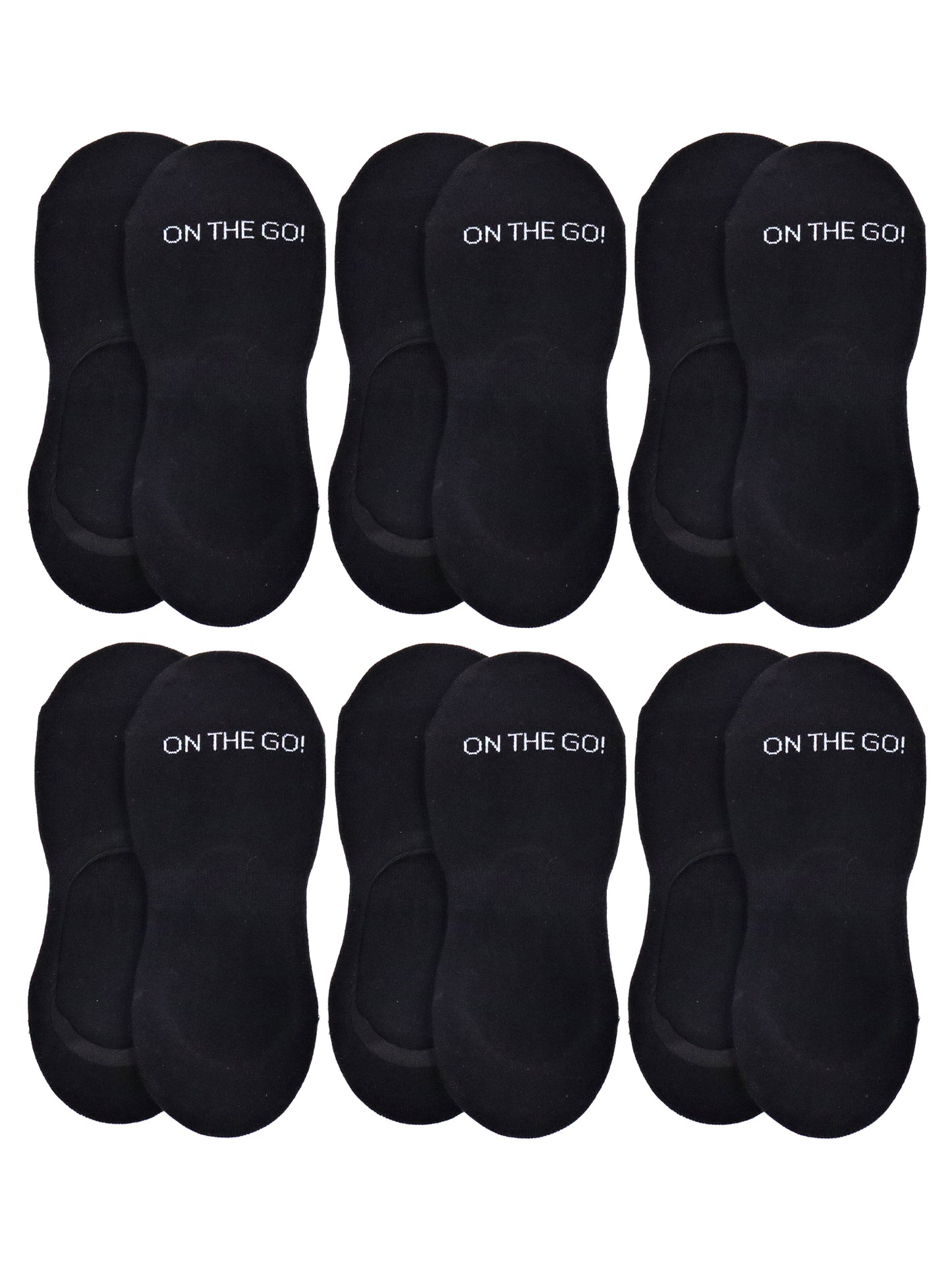 Women's black no-show athletic liner socks with 'ON THE GO!' text in white across the toe area, shown in a 6-pack set. Designed with a low cut profile perfect for athletic shoes and sneakers. Lightweight, breathable cotton-blend fabric with a sleek invisible fit, ideal for everyday wear and workouts