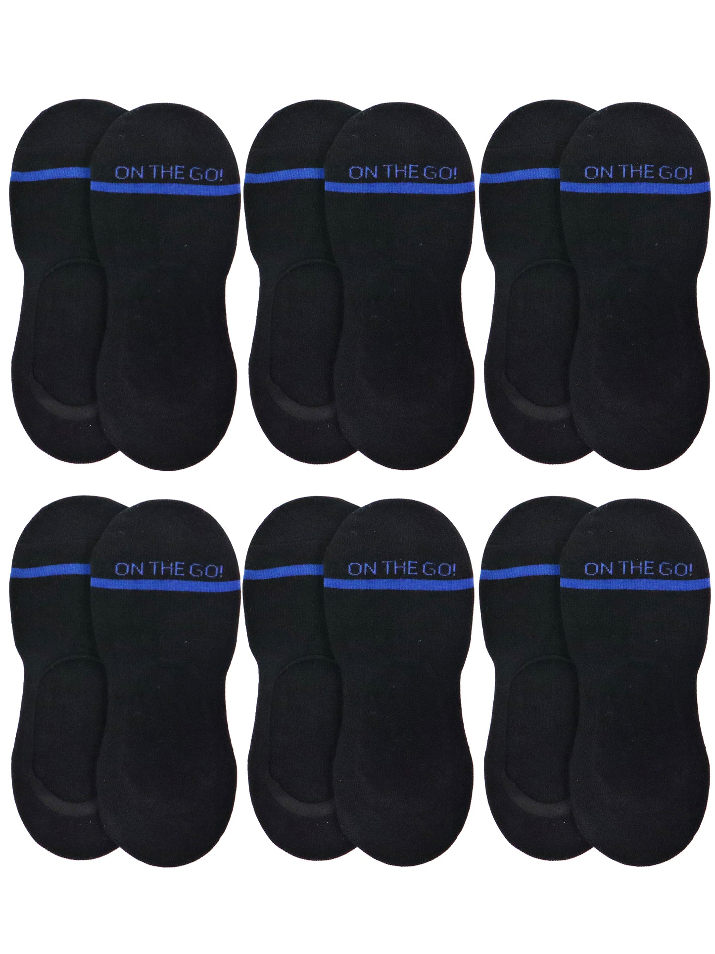 Men's black athletic liner socks, 6-pair pack, featuring blue stripes and 'ON THE GO!' branding. Low-cut, no-show cotton blend socks with arch support and a non-slip heel, perfect for athletic shoes, running sneakers, and everyday wear. Designed for comfort, breathability, and performance.