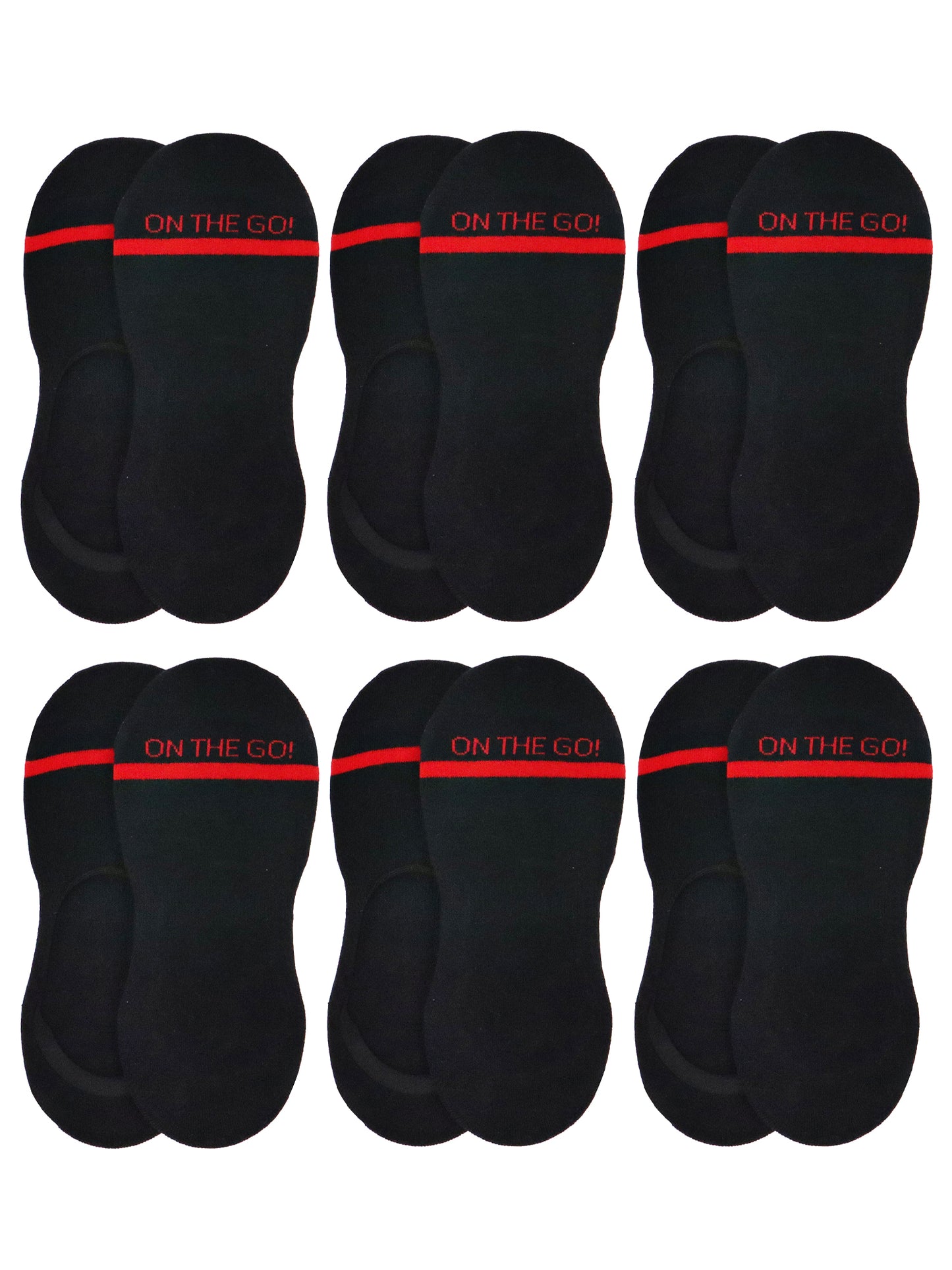 Men's black athletic liner socks, 6-pair pack, featuring red stripes and 'ON THE GO!' branding. Low-cut, no-show cotton blend socks with arch support and a non-slip heel, perfect for athletic shoes, running sneakers, and everyday wear. Designed for comfort, breathability, and performance.