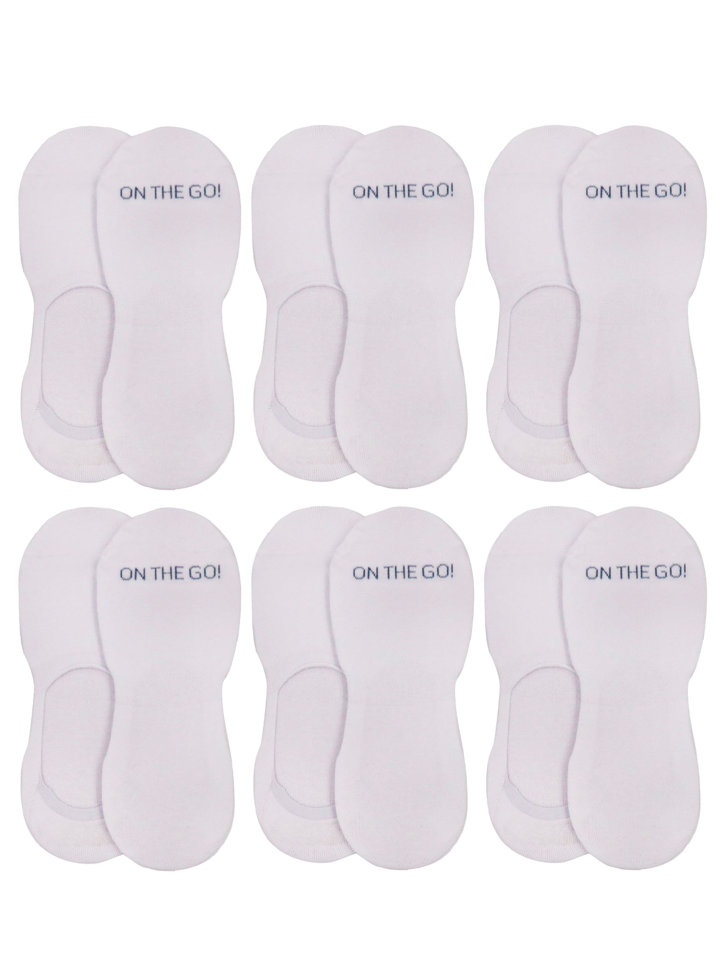 Women's and Men's white no-show athletic liner socks with 'ON THE GO!' text in white across the toe area, shown in a 6-pack set. Designed with a low cut profile perfect for athletic shoes and sneakers. Lightweight, breathable cotton-blend fabric with a sleek invisible fit, ideal for everyday wear and workouts.