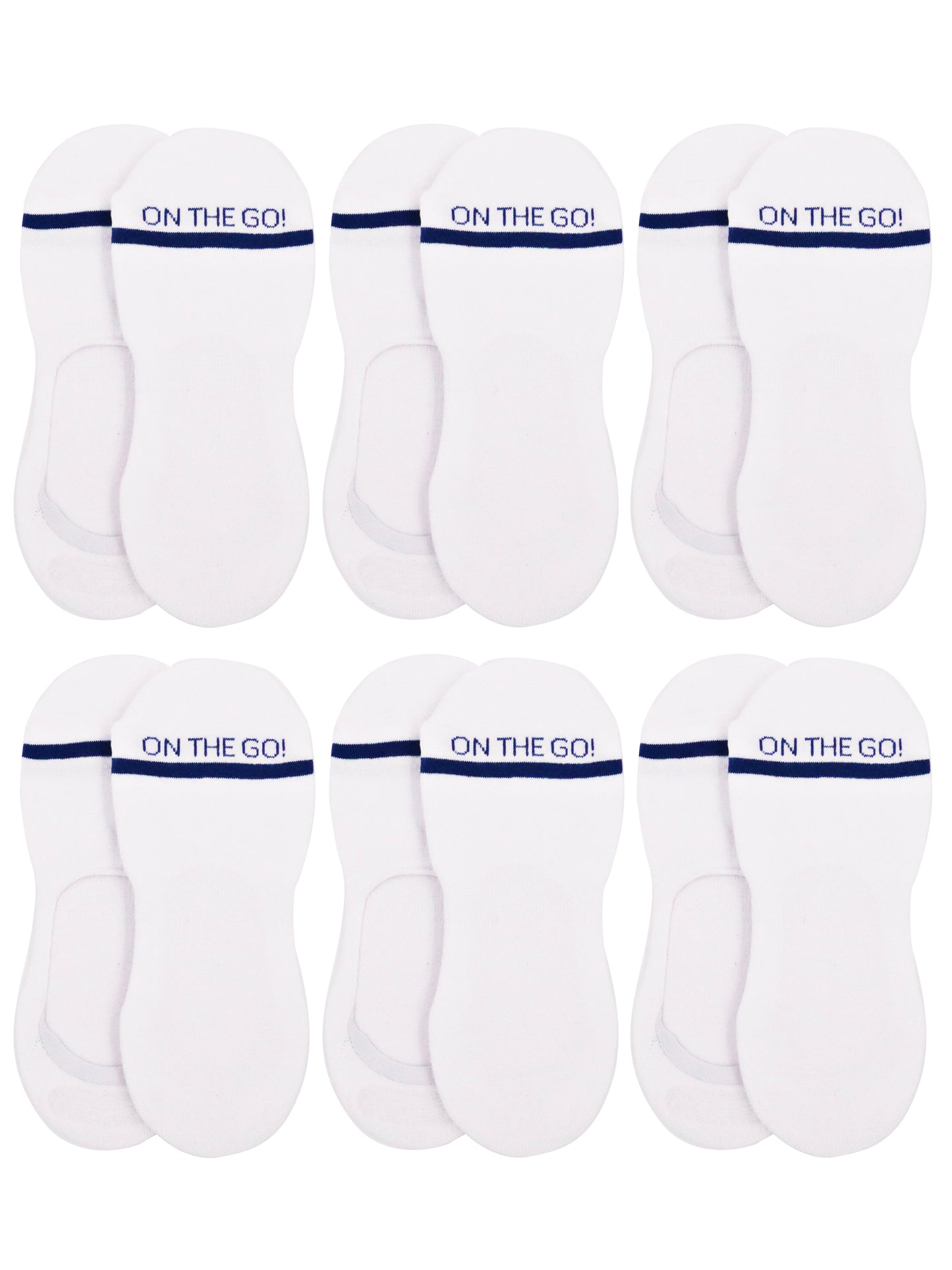 Women's white invisible liner socks with navy blue stripe and 'ON THE GO!' logo — 6-pair pack of low-cut no-show socks designed for sneakers and athletic shoes, featuring a non-slip heel grip and breathable cotton blend for all-day comfort and performance.