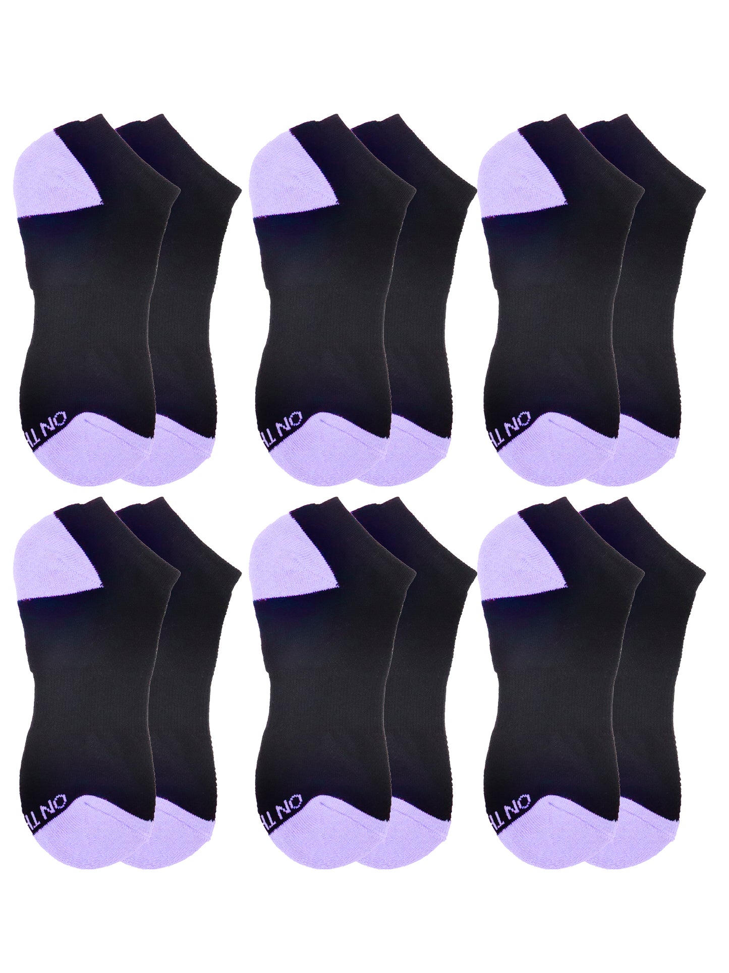 Women’s low-cut athletic socks 6-pair pack in black with lavender heel and toe accents, cushioned cotton blend design ideal for running, walking, gym workouts, or everyday wear