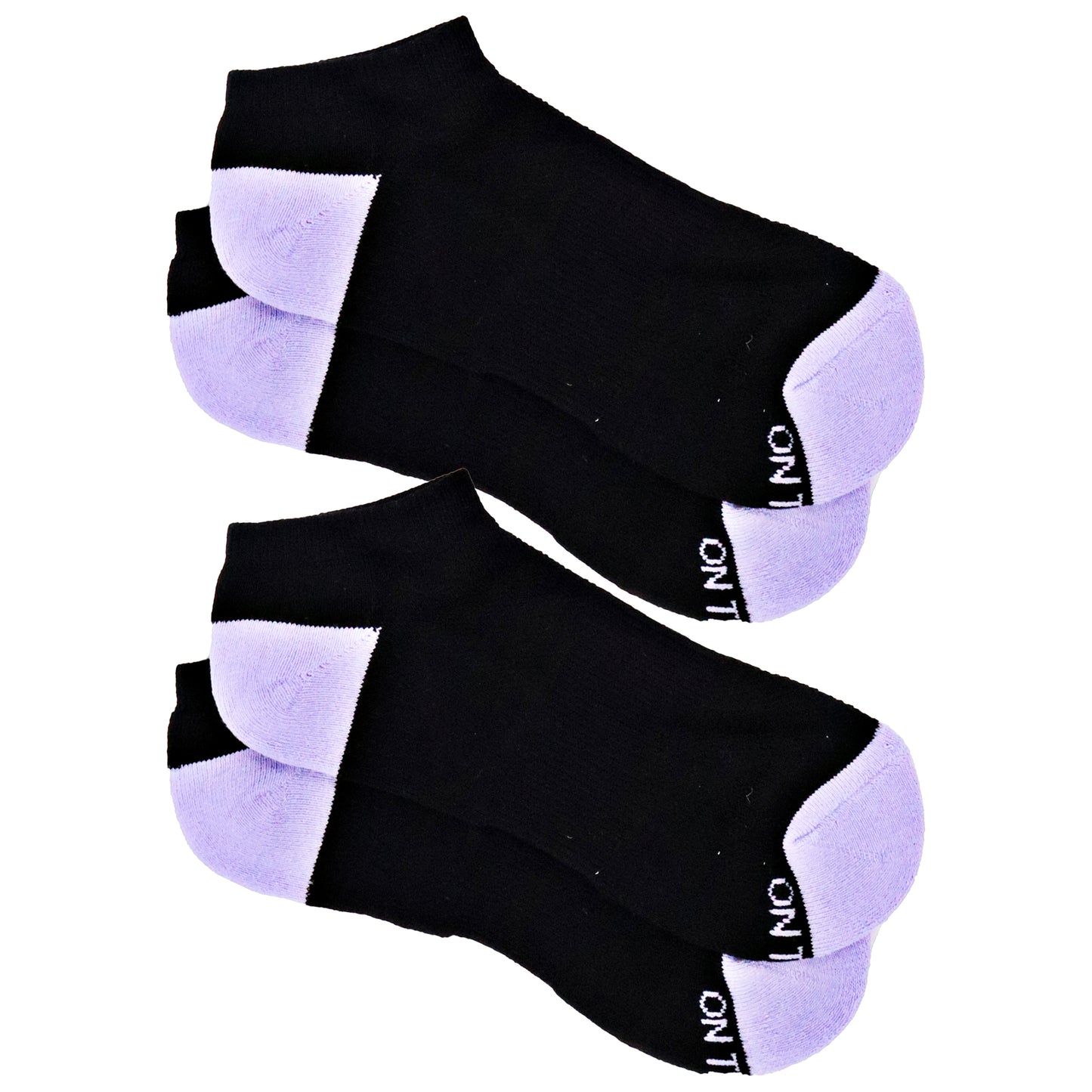 Women’s low-cut white athletic socks with lavender cushioned toe and heel, 2-pair pack made from soft cotton blend for comfort during running, training, or everyday wear
