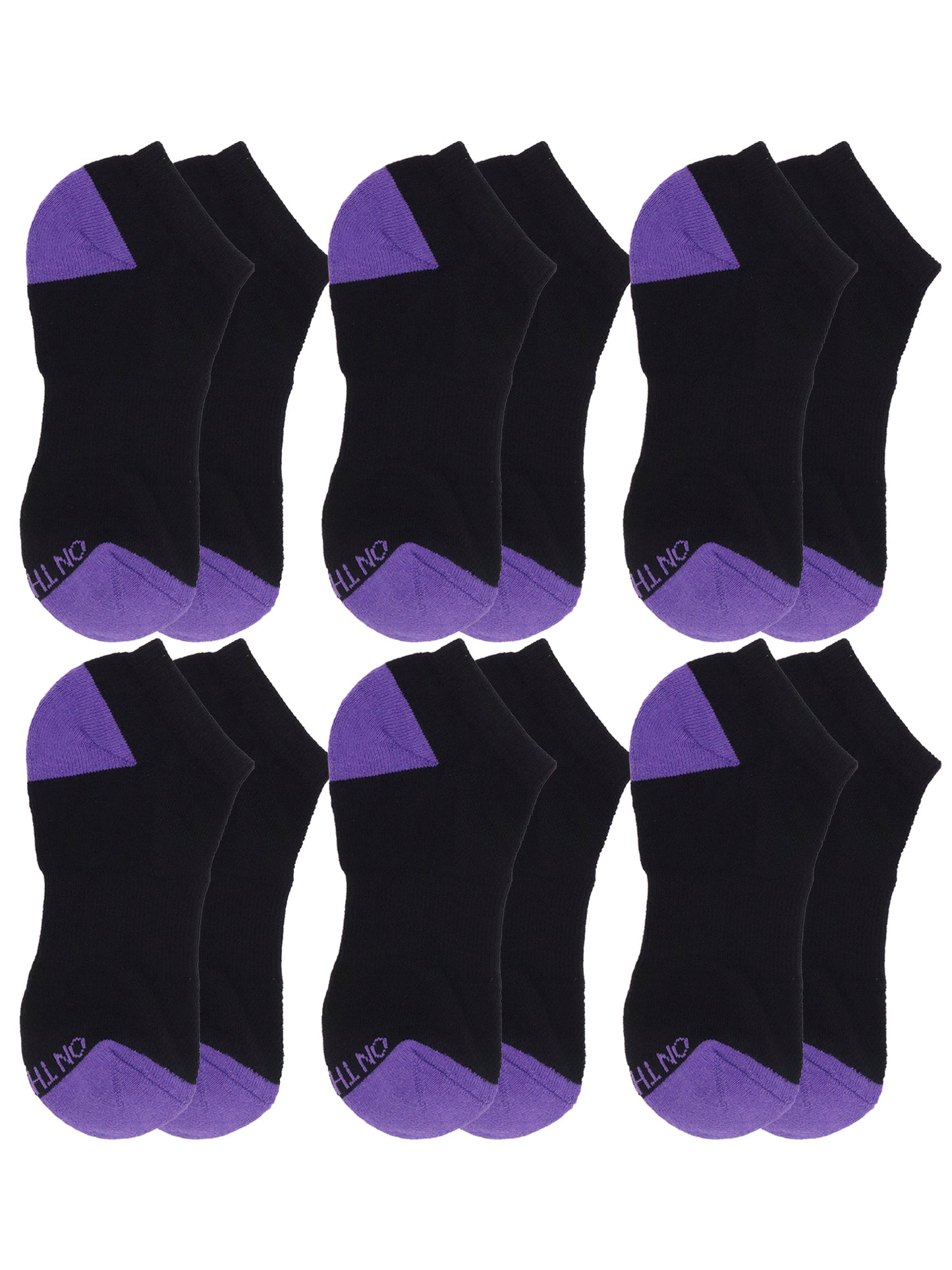 Women's black low-cut athletic socks with purple cushioned heel and toe, 6-pair value pack made from breathable cotton blend for sports, training, or everyday wear