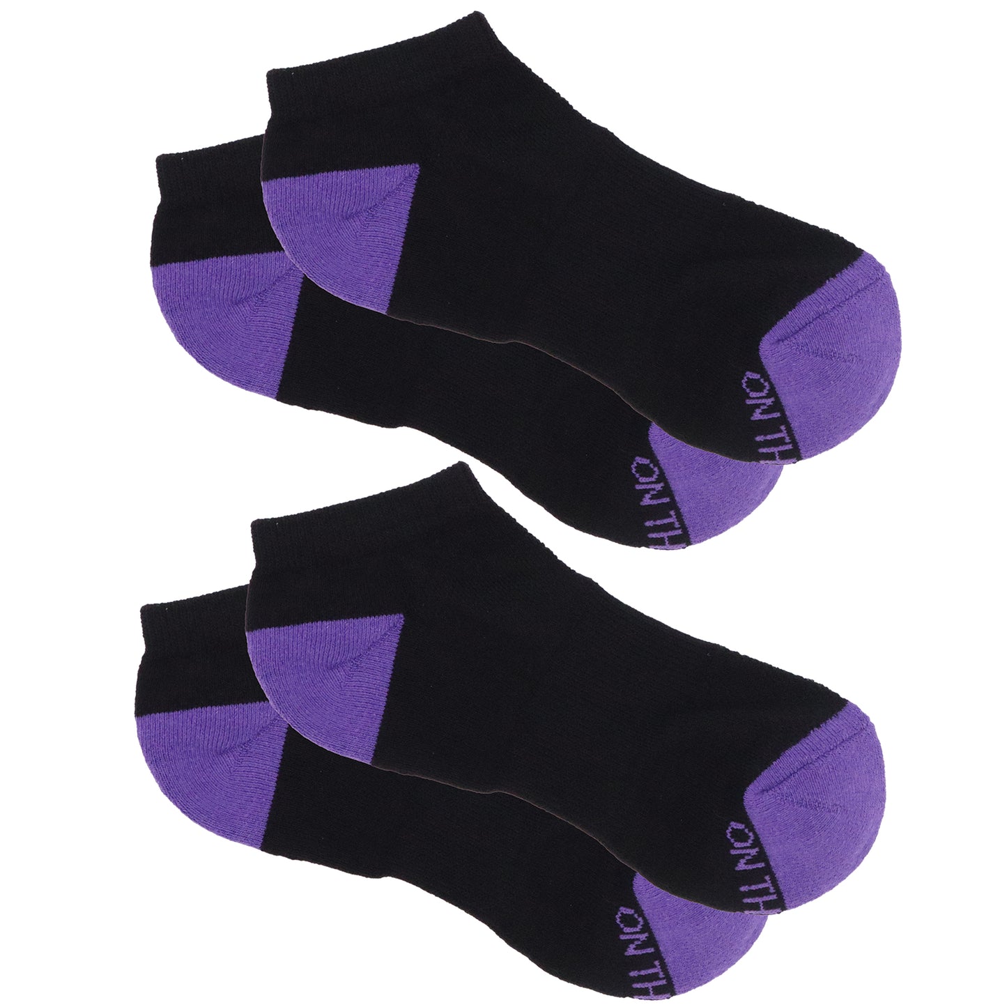 Women’s low-cut black athletic socks with purple cushioned toe and heel, 2-pair pack made from soft cotton blend for comfort during running, training, or everyday wear