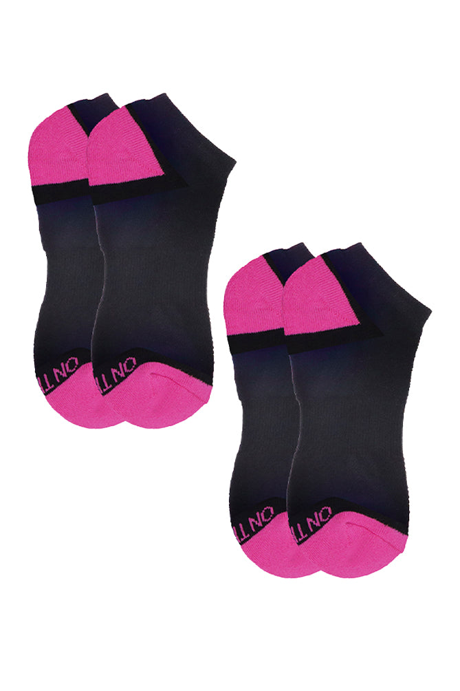 Women’s low-cut black athletic socks with pink cushioned toe and heel, 2-pair pack made from soft cotton blend for comfort during running, training, or everyday wear