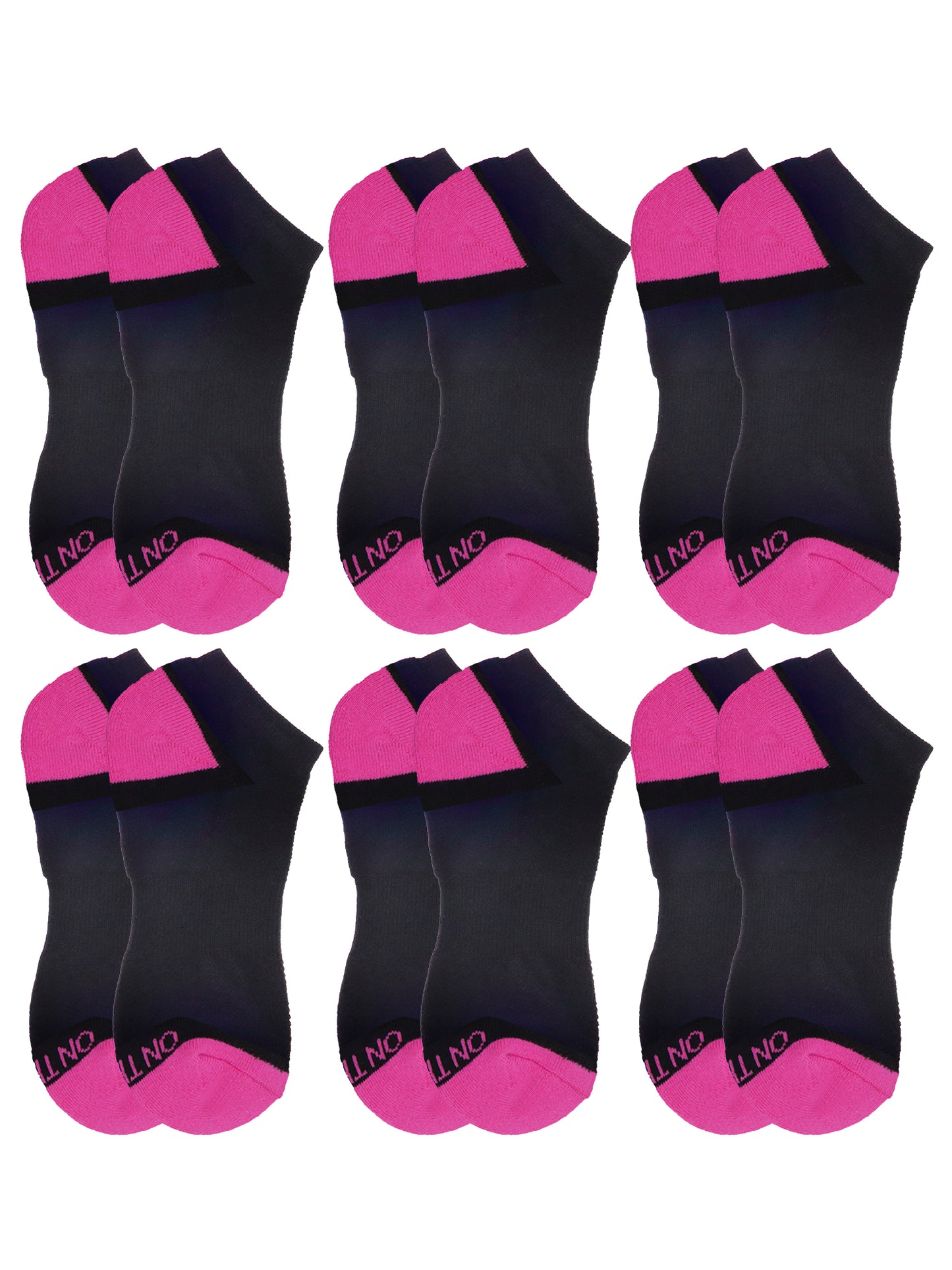 Women's black low-cut athletic socks with pink cushioned heel and toe, 6-pair value pack made from breathable cotton blend for sports, training, or everyday wear
