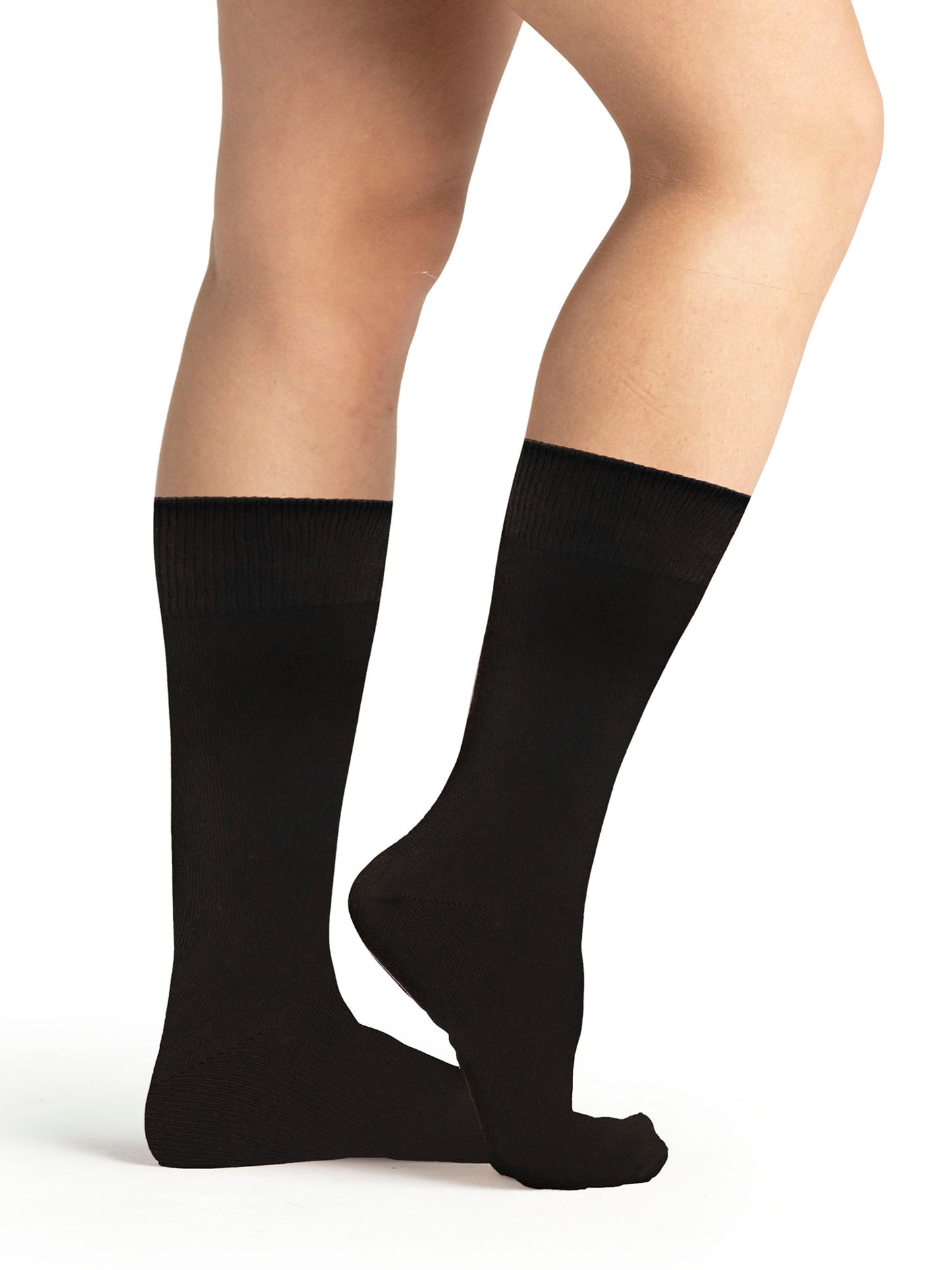 Women's one pair black knee-high calf's length boot socks with ribbed cuff, soft and stretchy fabric on a white background