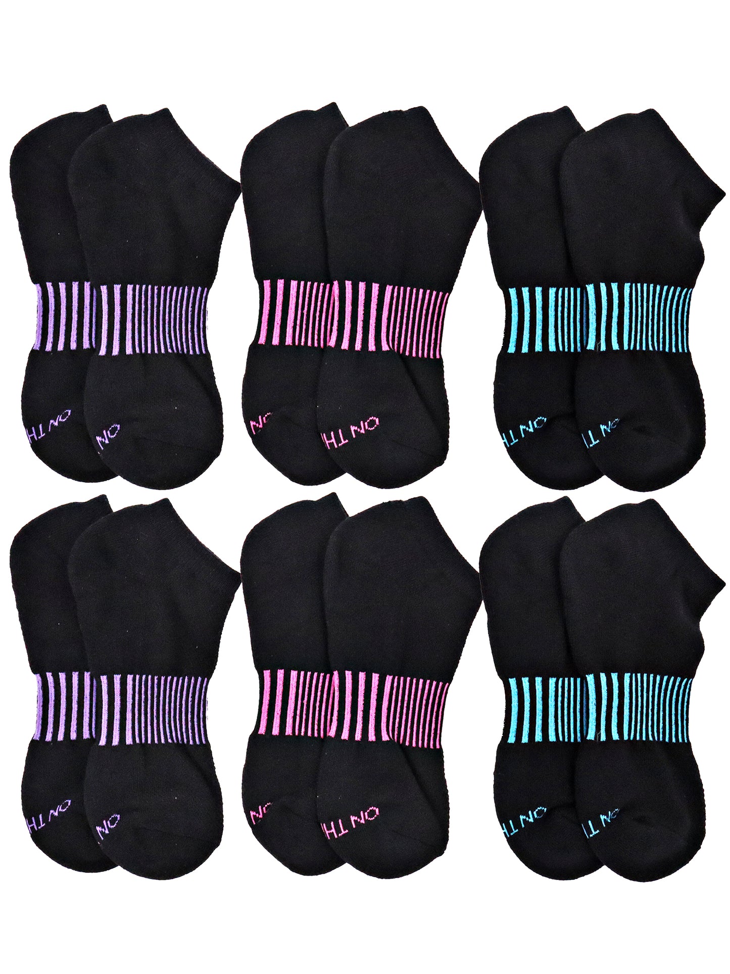 Women’s low-cut athletic socks 6-pair pack in black with colorful arch support stripes in purple, pink, and teal, soft cotton blend ideal for workouts, walking, or everyday comfort