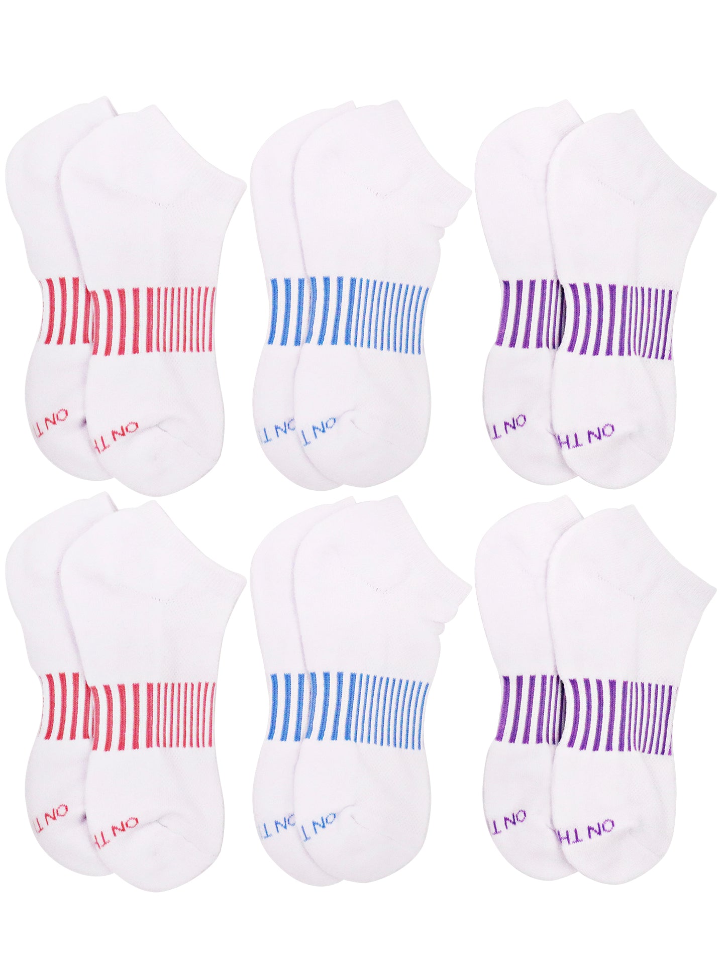 Women’s low-cut athletic socks 6-pair pack in white with colorful arch support stripes in purple, pink, and teal, soft cotton blend ideal for workouts, walking, or everyday comfort
