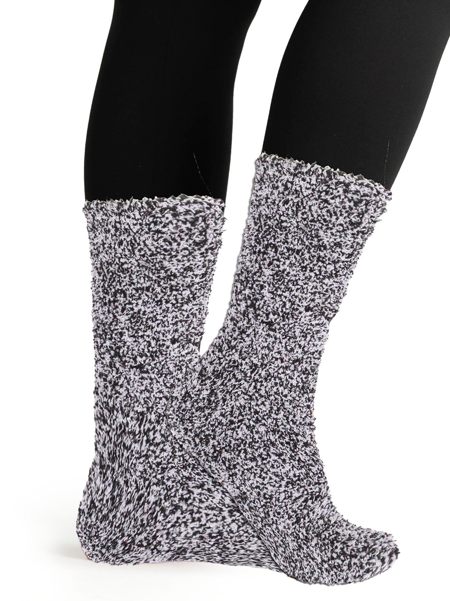 Women's black and white fuzzy crew socks, ultra-soft thermal lounge socks for winter warmth and comfort