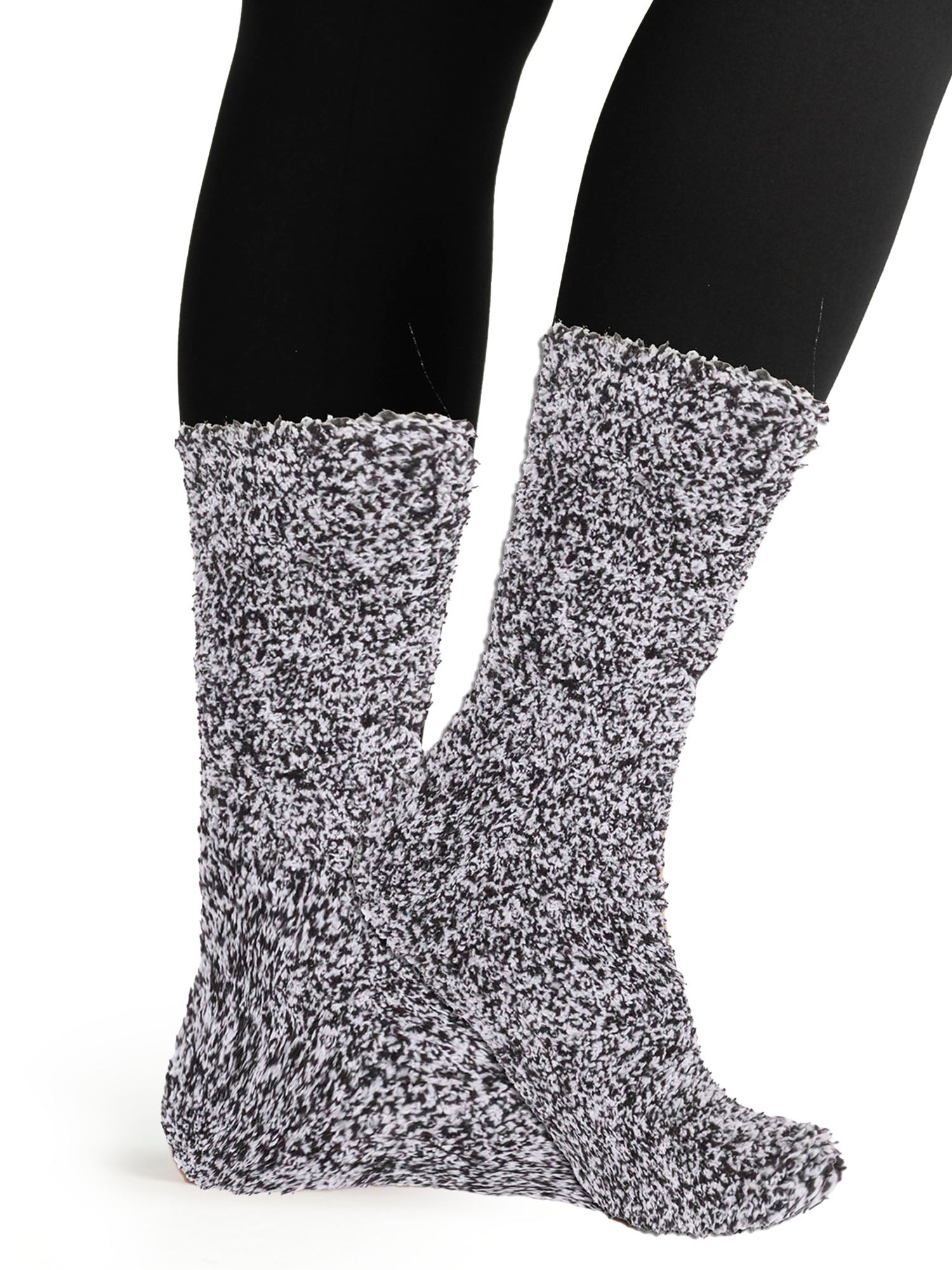 Women's black and white fuzzy crew socks, ultra-soft thermal lounge socks for winter warmth and comfort