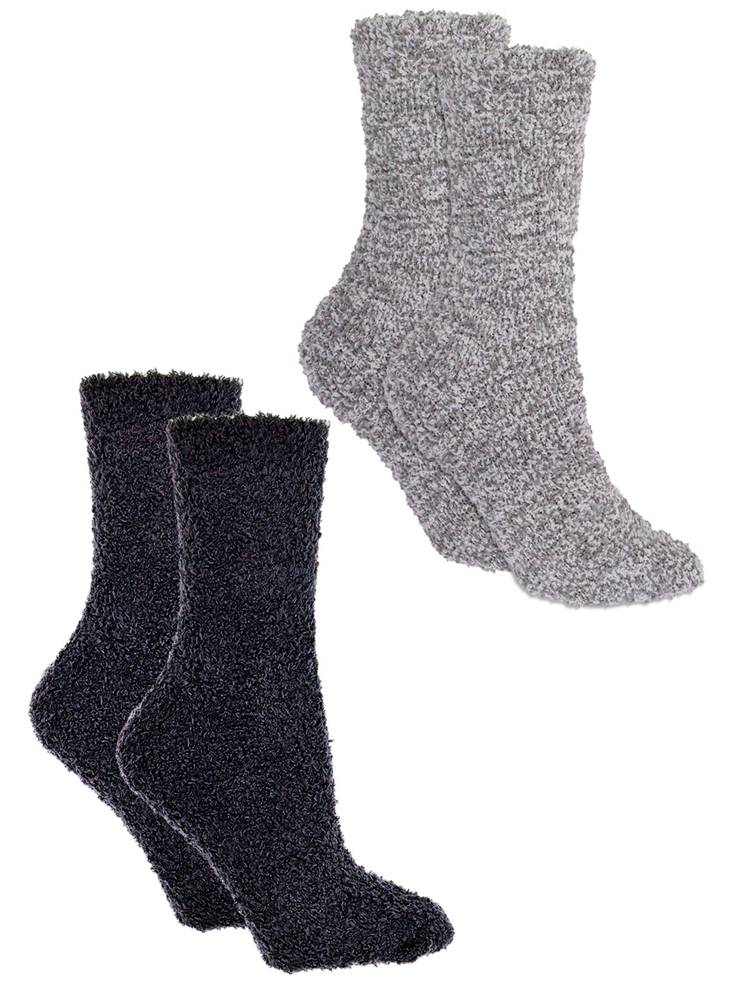 a pair of one grey and one black fuzzy crew socks for woman, ultra-soft thermal lounge socks for winter warmth and comfort