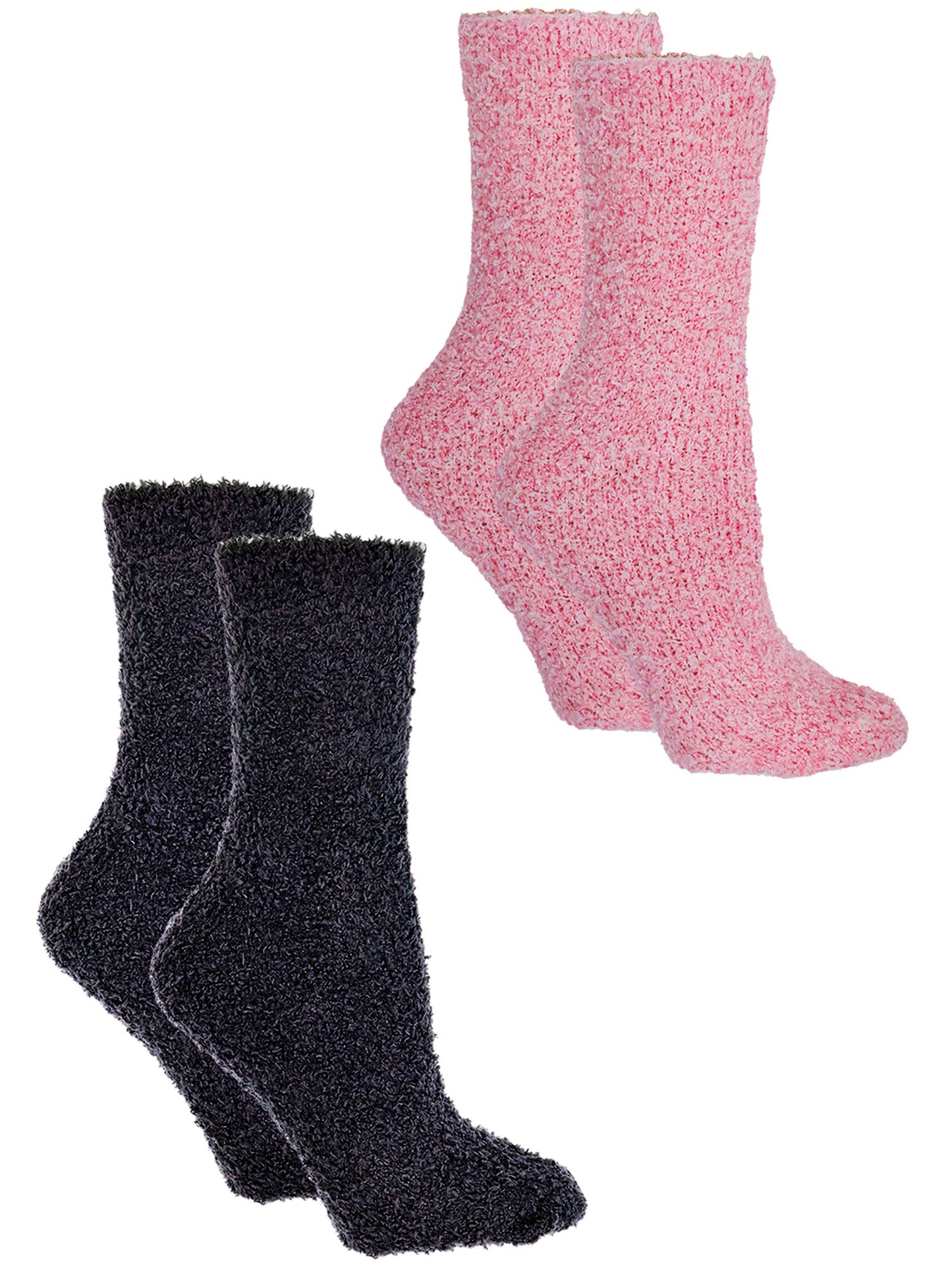 a pair of one pink and black fuzzy crew socks for woman, ultra-soft thermal lounge socks for winter warmth and comfort