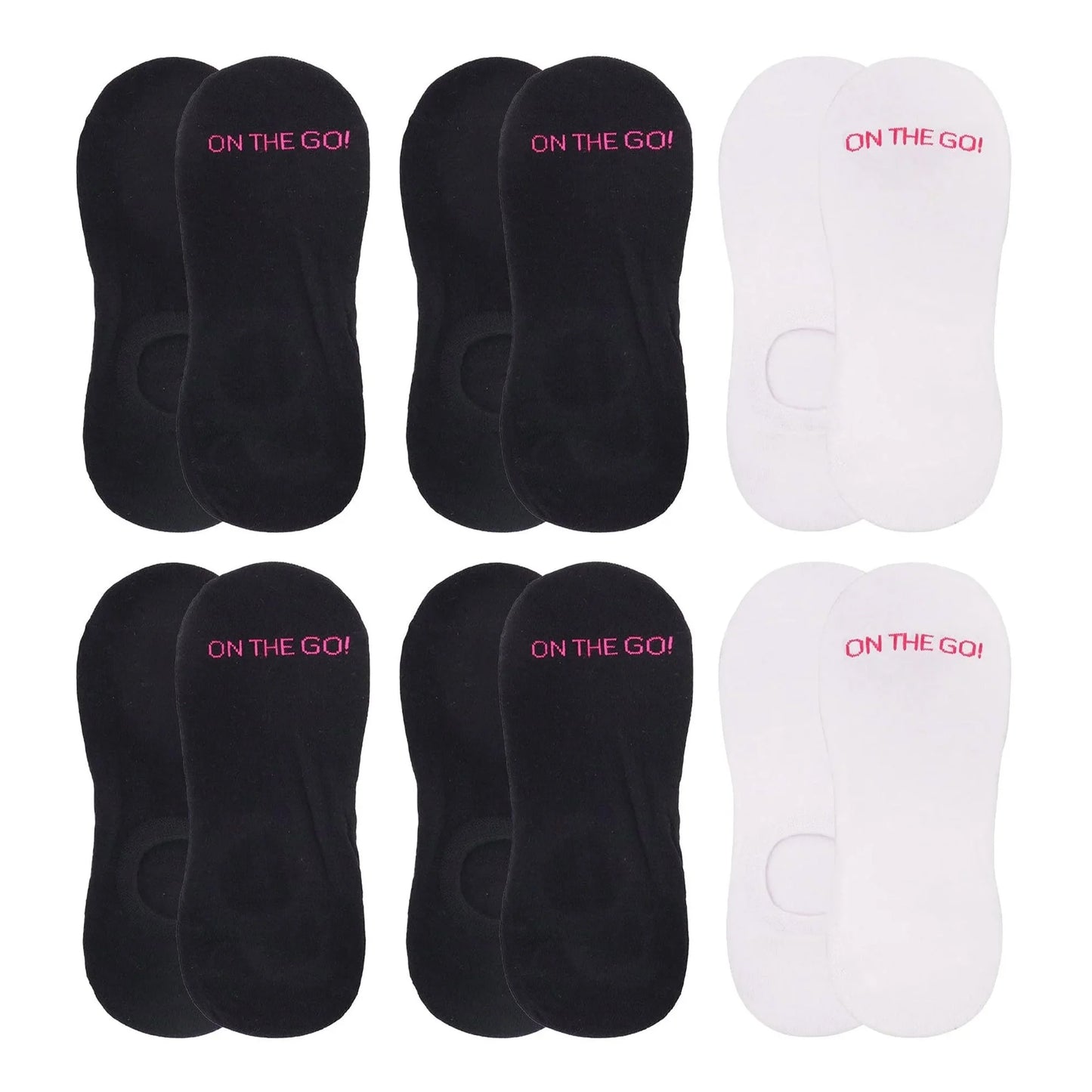 Women's invisible no-show socks in black and white color mix — 6-pair pack with 'ON THE GO!' branding, low-cut liner design with non-slip heel grip, perfect for sneakers and flats, breathable cotton blend for everyday comfort